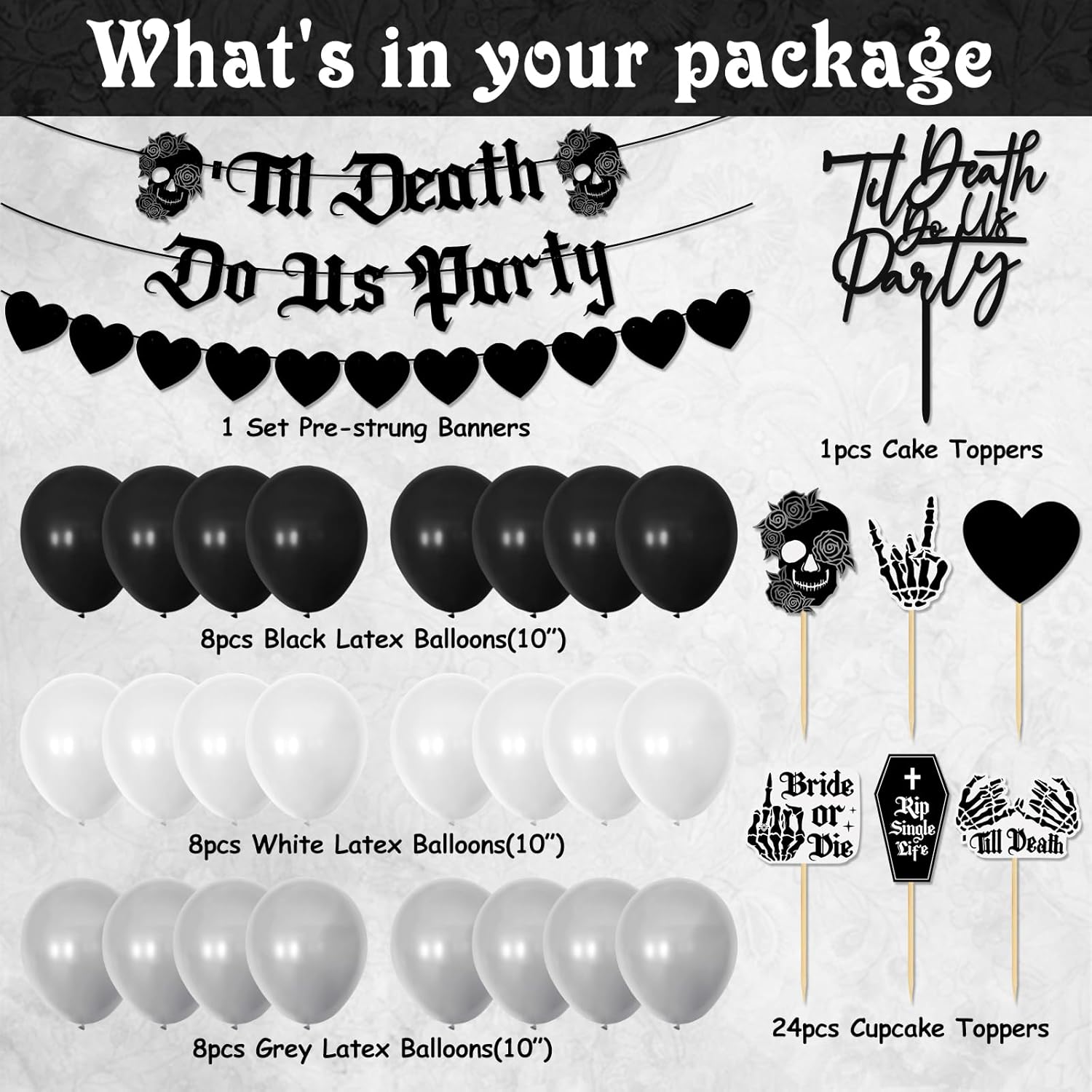 Kitticcino Til Death Do Us – Decoración de fiesta gótica para fiesta, pancarta de acrílico para decoración de tarta, globos blancos y negros,