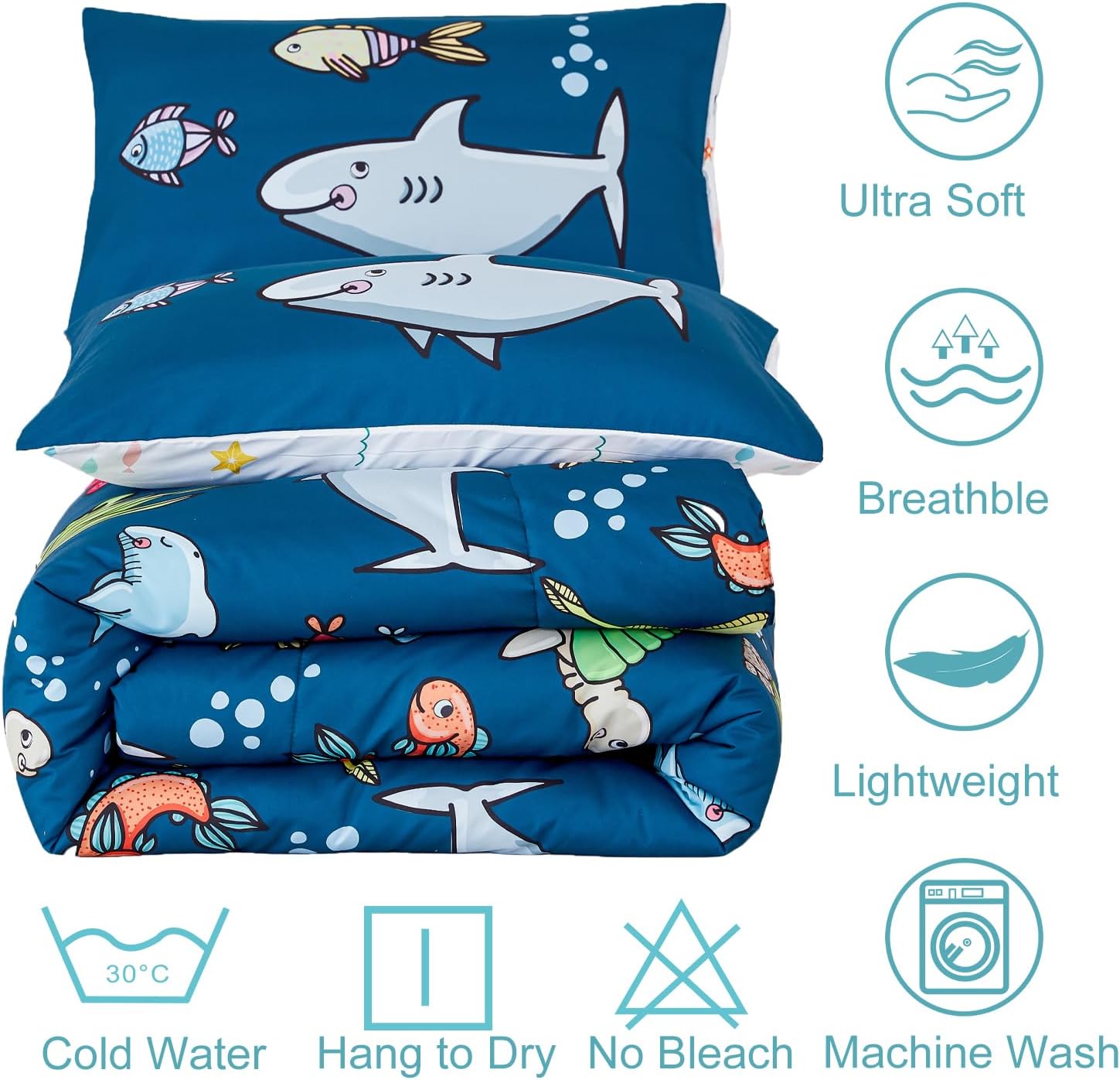 WINLIFE Juego de edredón matrimonial de 3 piezas para niños, edredón reversible súper suave para adolescentes, edredón estampado con tema oceánico,