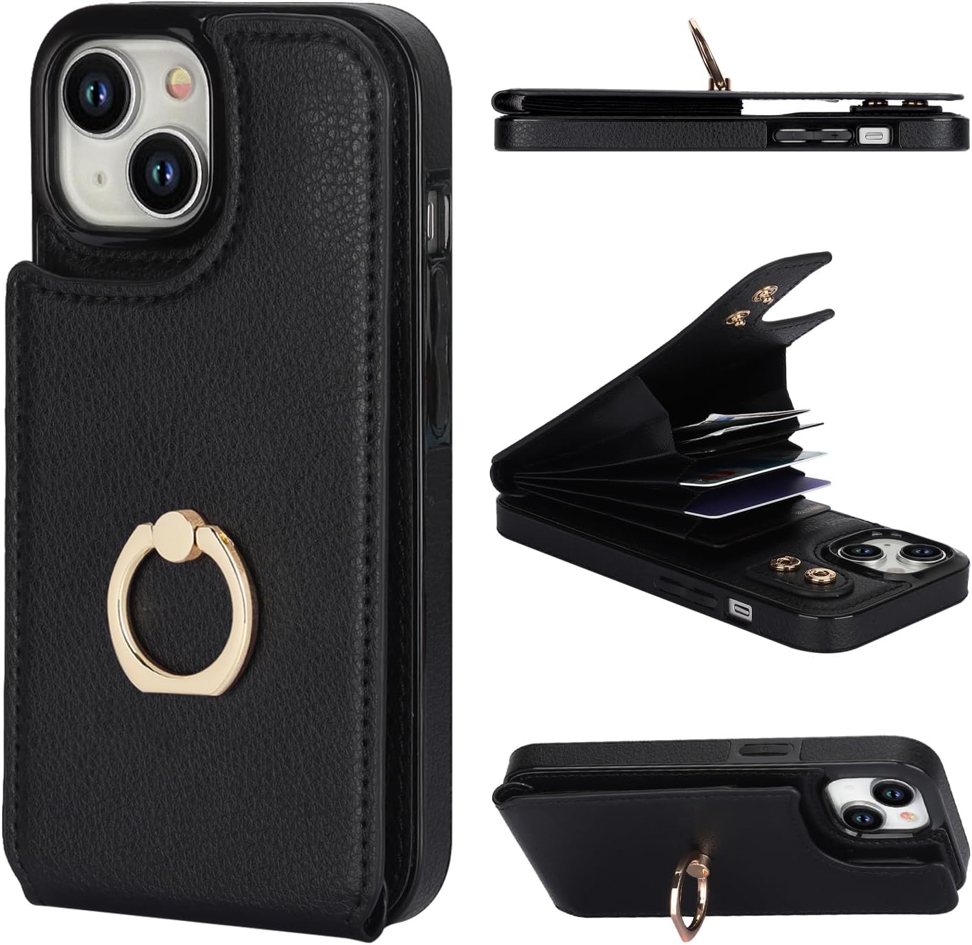 Folosu Funda compatible con iPhone 15 con soporte para tarjetas, rotación de 360, soporte de anillo de dedo con función atril, bloqueo RFID, doble