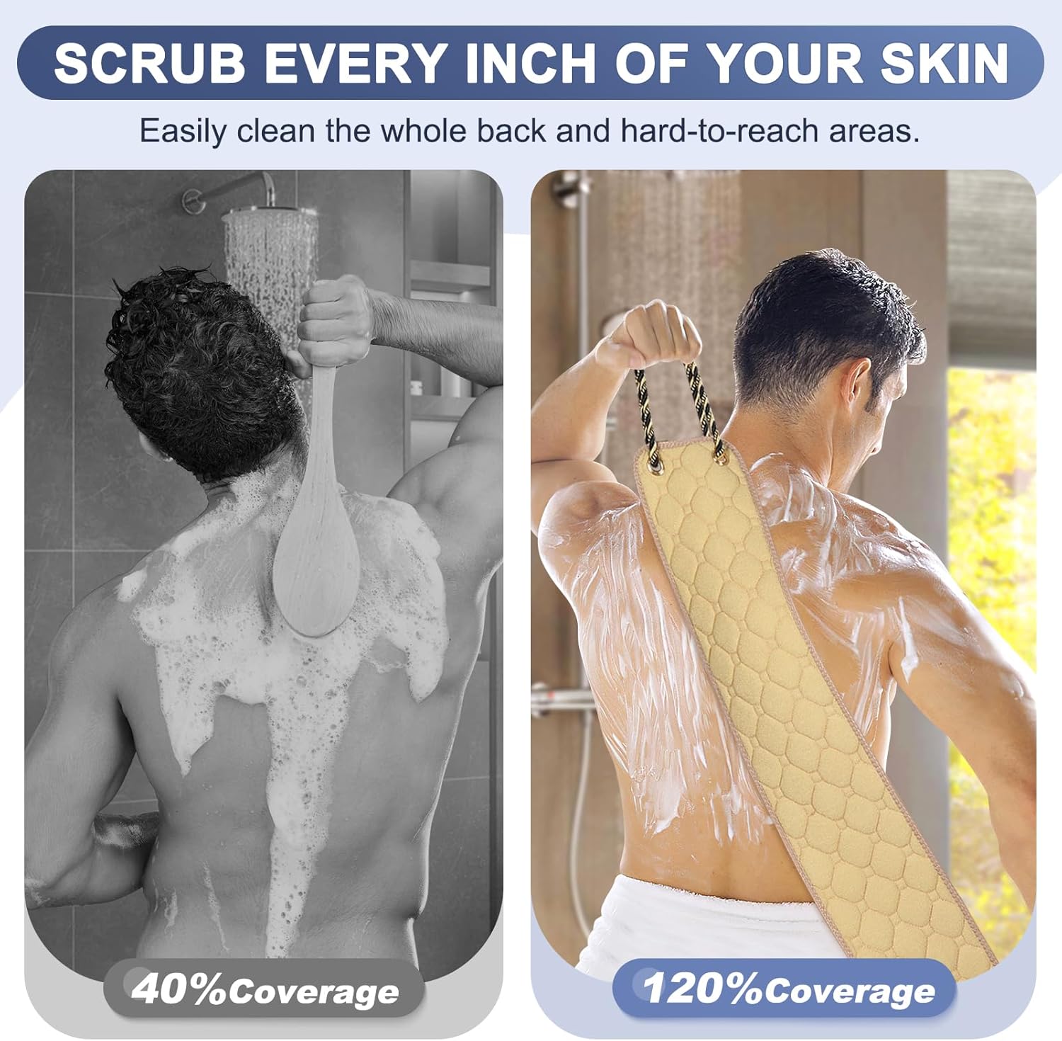 Exfoliante de espalda con asas, toalla exfoliante de espalda de doble cara de 39 pulgadas, toalla de baño exfoliante para uso en la ducha, lavadora