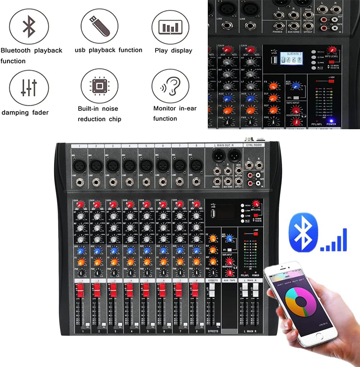 MECCTP Consola de tablero de sonido mezclador de 8 canales, mezclador de amplificador de estudio en vivo con unidad USB para estudio de grabación en