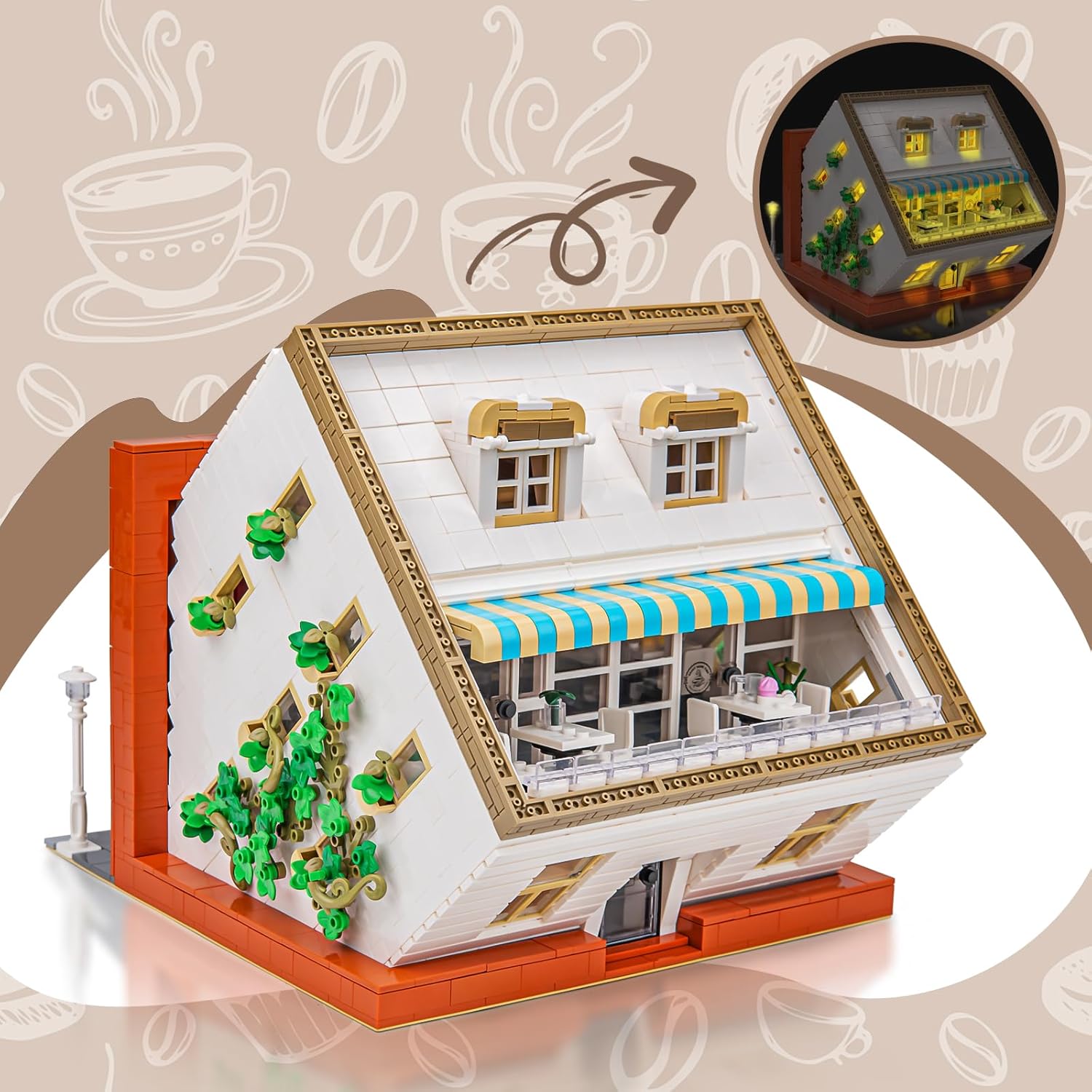 Juego de construcción de cafetería con luz LED, colección de bloques de construcción de casa moderna de calle, kit de modelo de juguete, juego