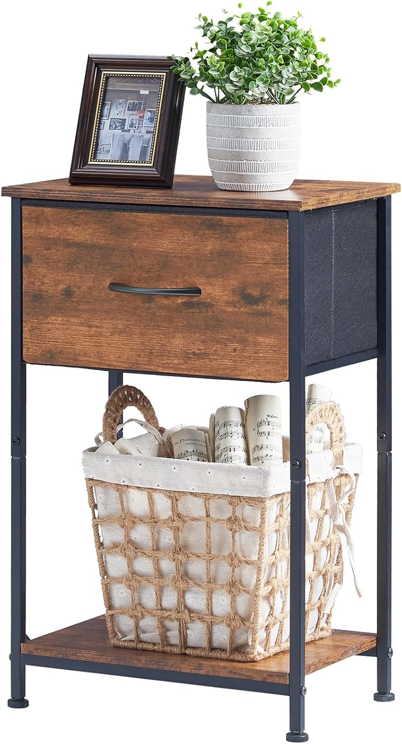 Somdot Mesita de noche, mesa auxiliar para dormitorio, habitación del bebé, sala de estar, cajón de tela extraíble, estante de almacenamiento