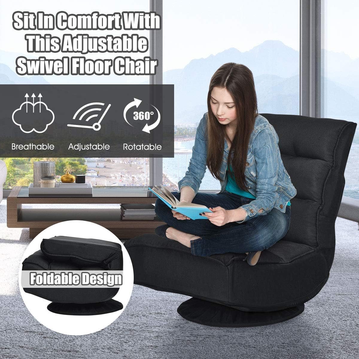 Giantex Silla giratoria de 360 grados, silla plegable para juegos de piso con 6 posiciones ajustables, sofá perezoso con soporte trasero copetudo,