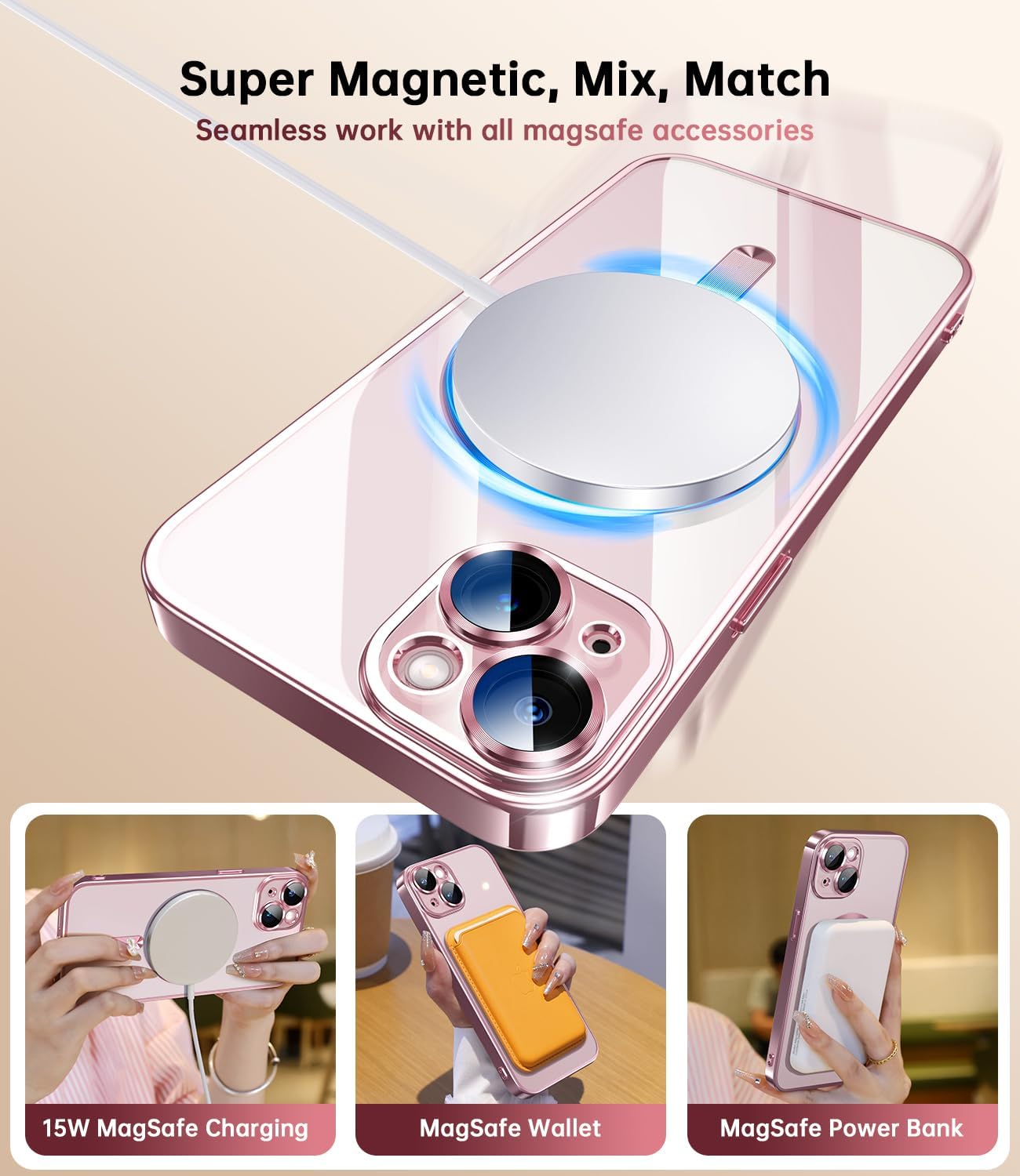 Funda para iPhone 15 con protector de lente de cámara integrado, compatible con MagSafe, exterior original del teléfono, transparente y elegante