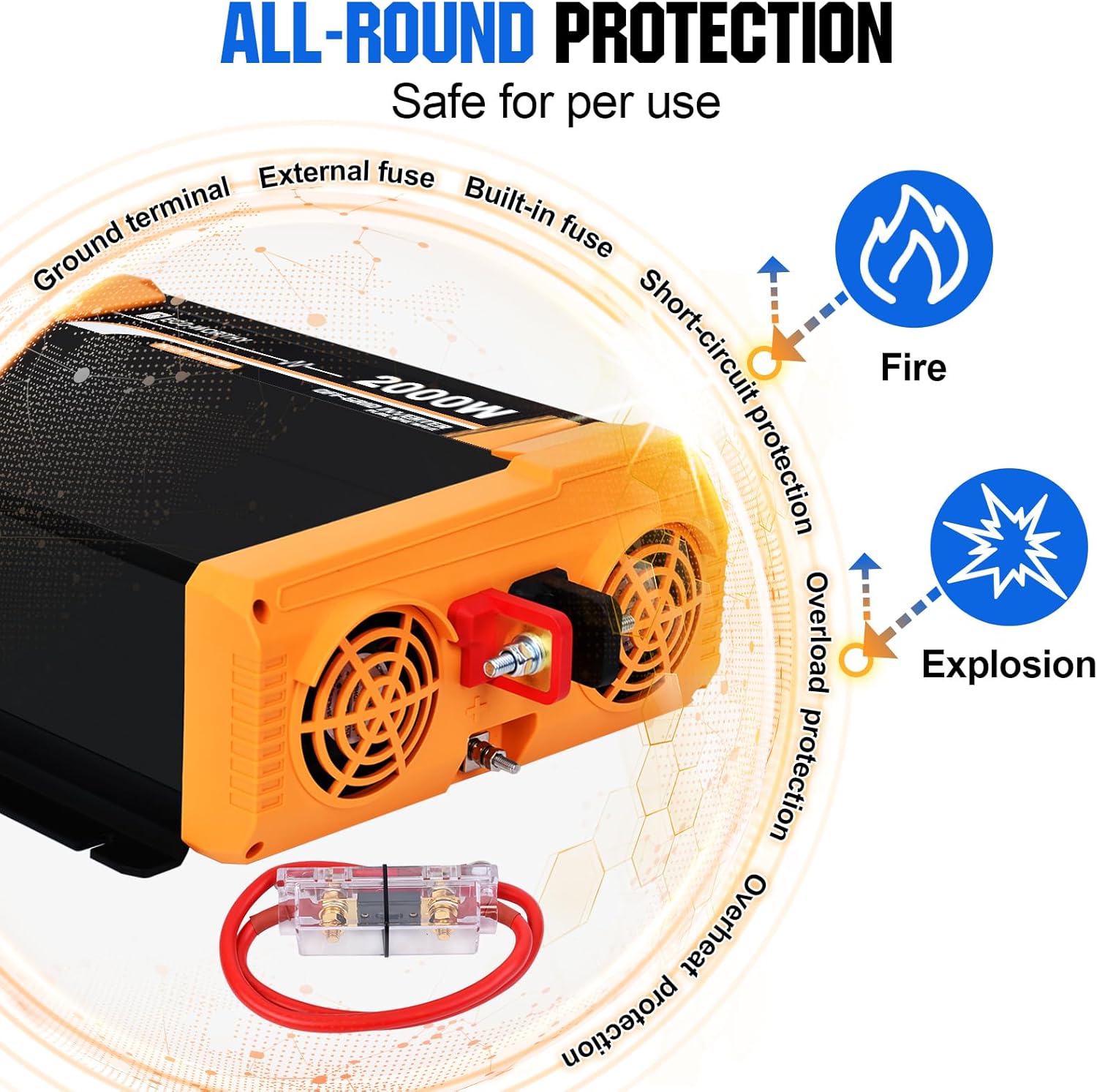 ECO-WORTHY Inversor solar de onda sinusoidal pura de 2000 W, convertidor de 12 V CC a 120 V CA para el hogar, caravana, camioneta. Puerto USB dual