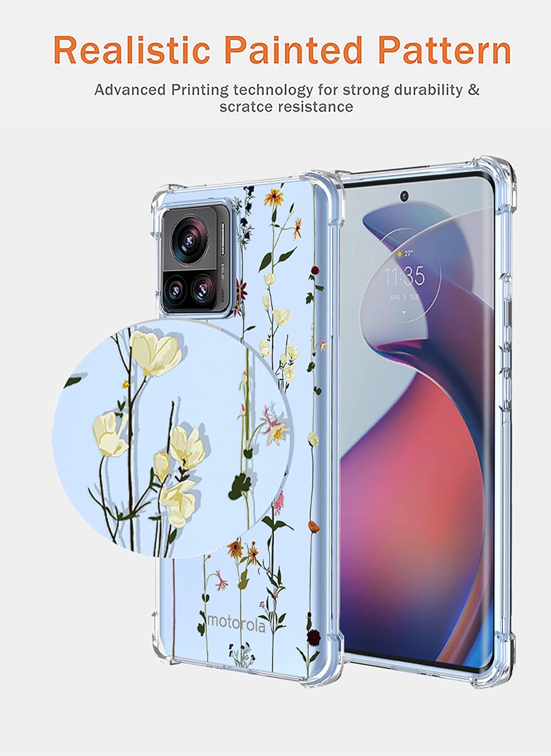 OEURVQO Funda para Moto Edge X30 Pro Edge 30 Ultra transparente con patrón de flores de TPU suave, a prueba de golpes, antiarañazos, funda