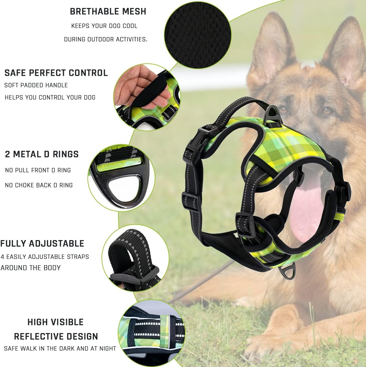 COVONEE Arnés sin tirones para perro, ajustable, reflectante, Oxford, de fácil control, arnés para perro mediano y grande con una correa de perro