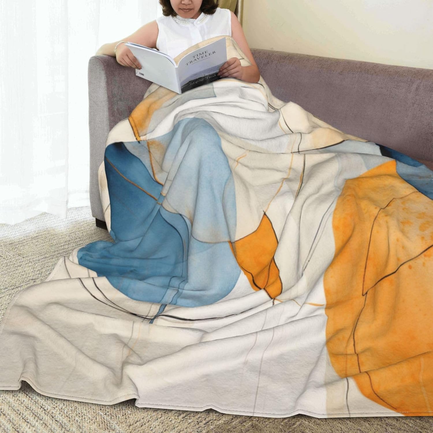 B837 – Manta con patrón abstracto naranja y azul, para todas las estaciones, manta de franela impresa para sofá, cama, silla, habitación, decoración