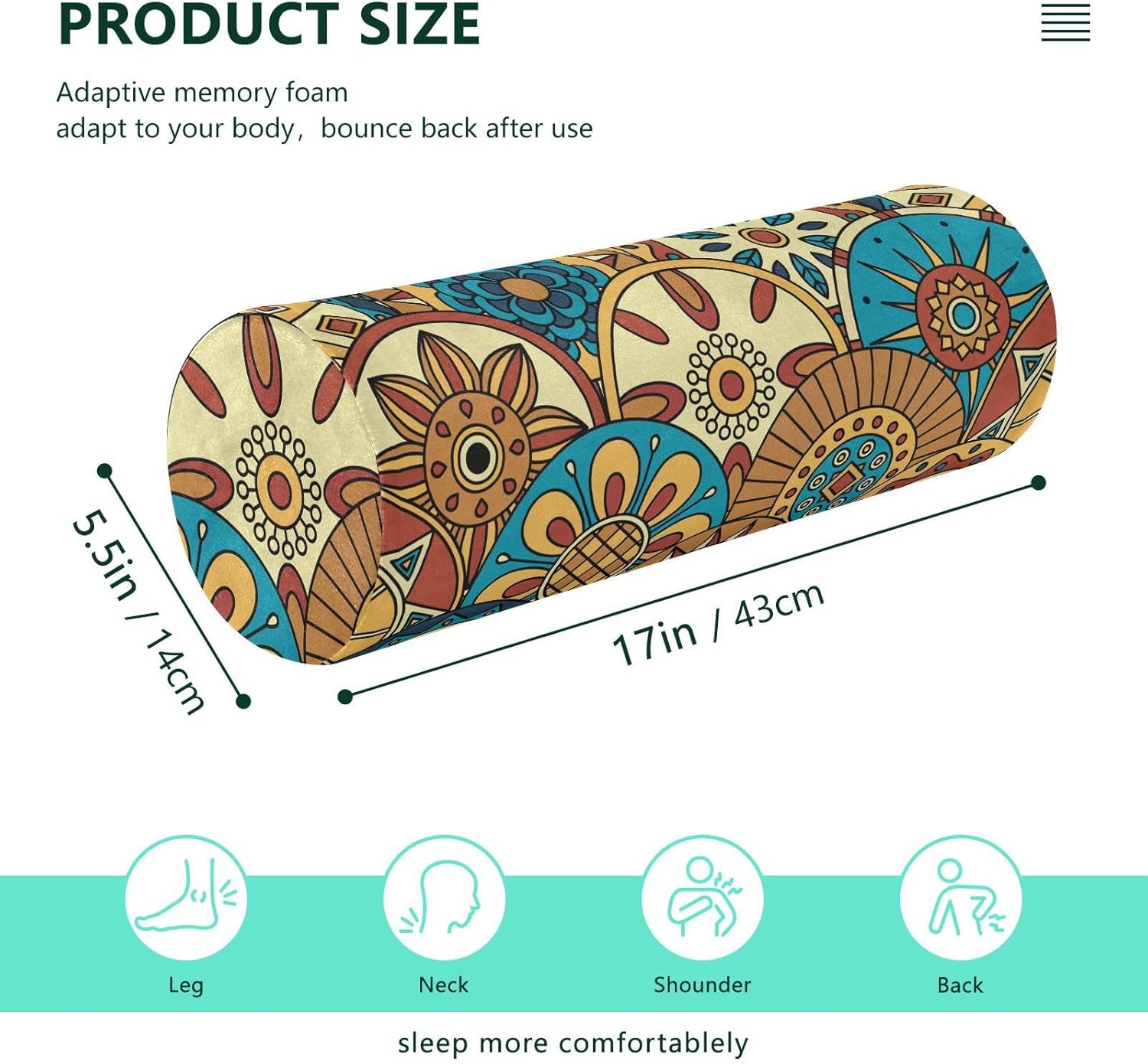 KLL Almohada redonda con diseño de flores abstractas y formas geométricas, almohada redonda para el cuello, almohada cilíndrica decorativa, fundas