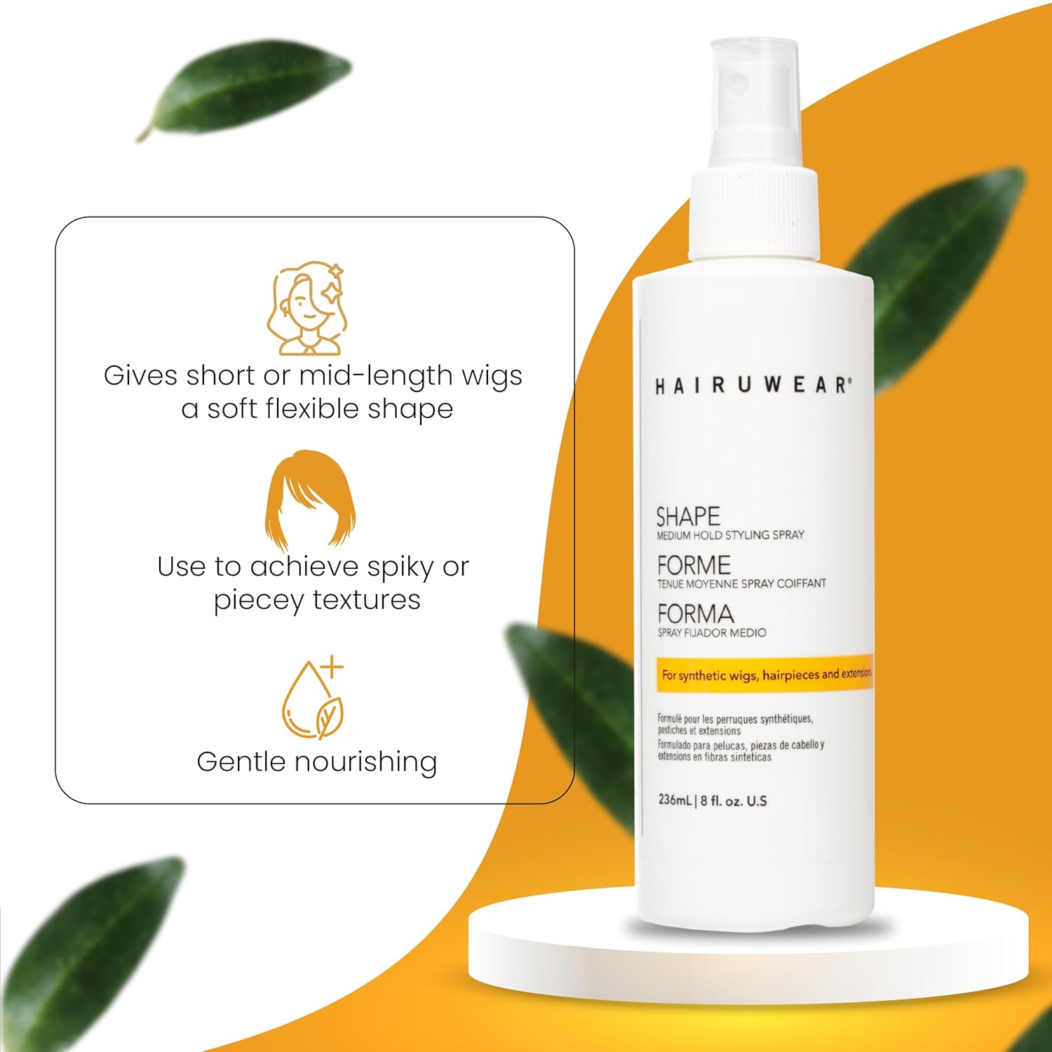 HairUWear- Spray de peinado “Shape” de sujeción media para pelucas y extensiones de cabello, 8 onzas
