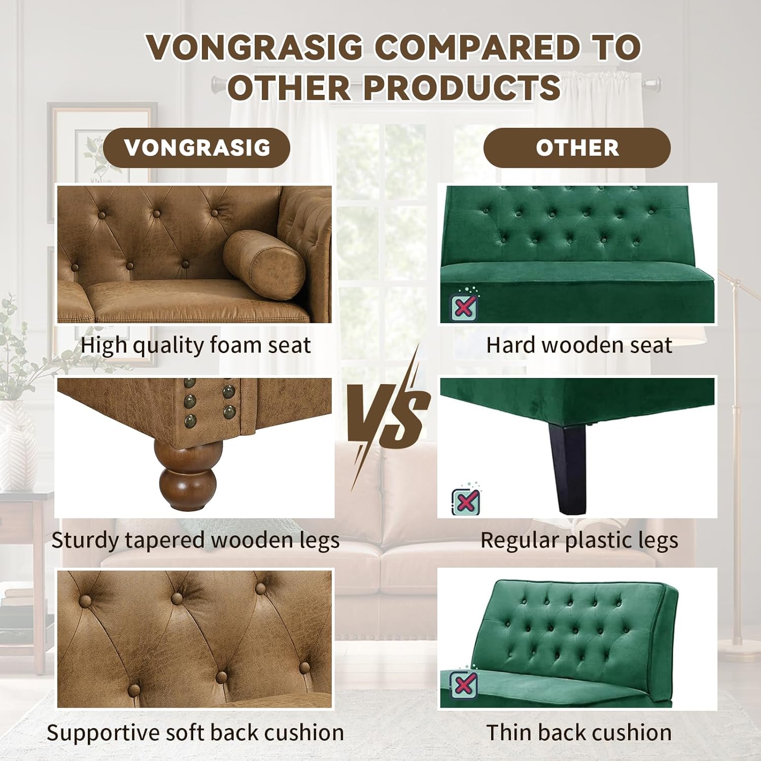 Chesterfield – Sofá clásico grande de tela moderna de 3 plazas con botones capitoné con brazos enrollados y cabeza de clavo para sala de estar,