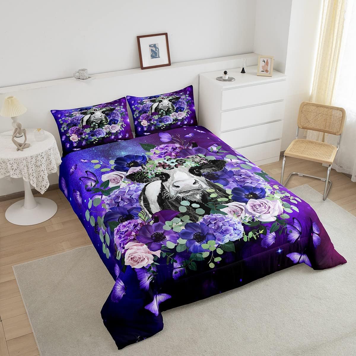 Erosebridal Juego de edredón de vaca de las Highland para niños y niñas, juego de ropa de cama tamaño individual, diseño de mariposa y rosa morado,