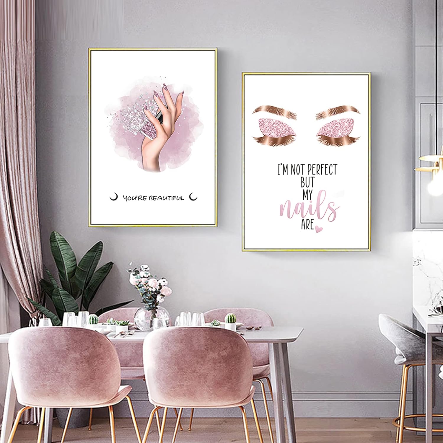 Bankrenart Arte de pared de maquillaje rosa con pestañas, arte de pared de moda, decoración de habitación de niña, sin marco, decoración de pared