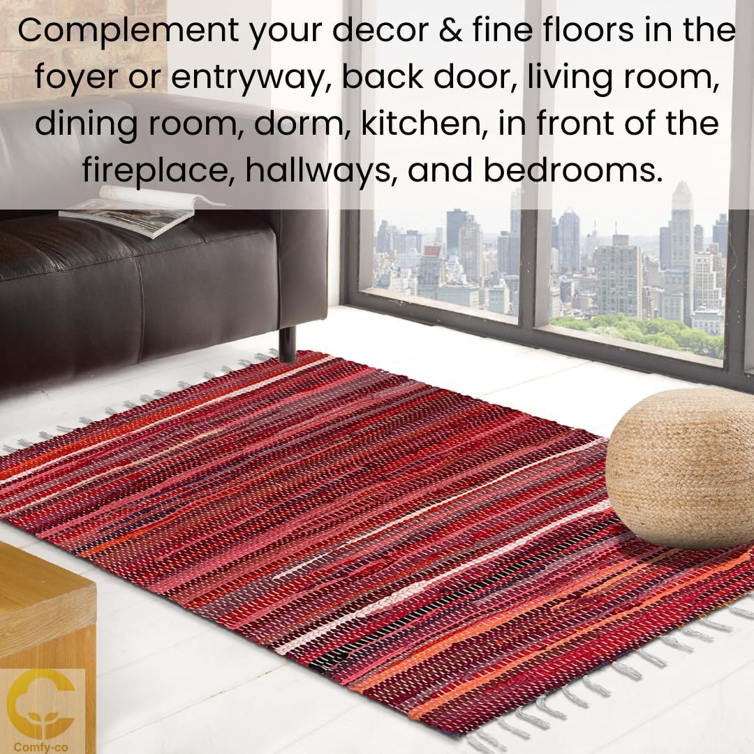 Alfombra Chindi hecha a mano de 3 x 5 pies, alfombra reversible de algodón tejida a mano para dormitorio, sala de estar, cocina, dormitorio,