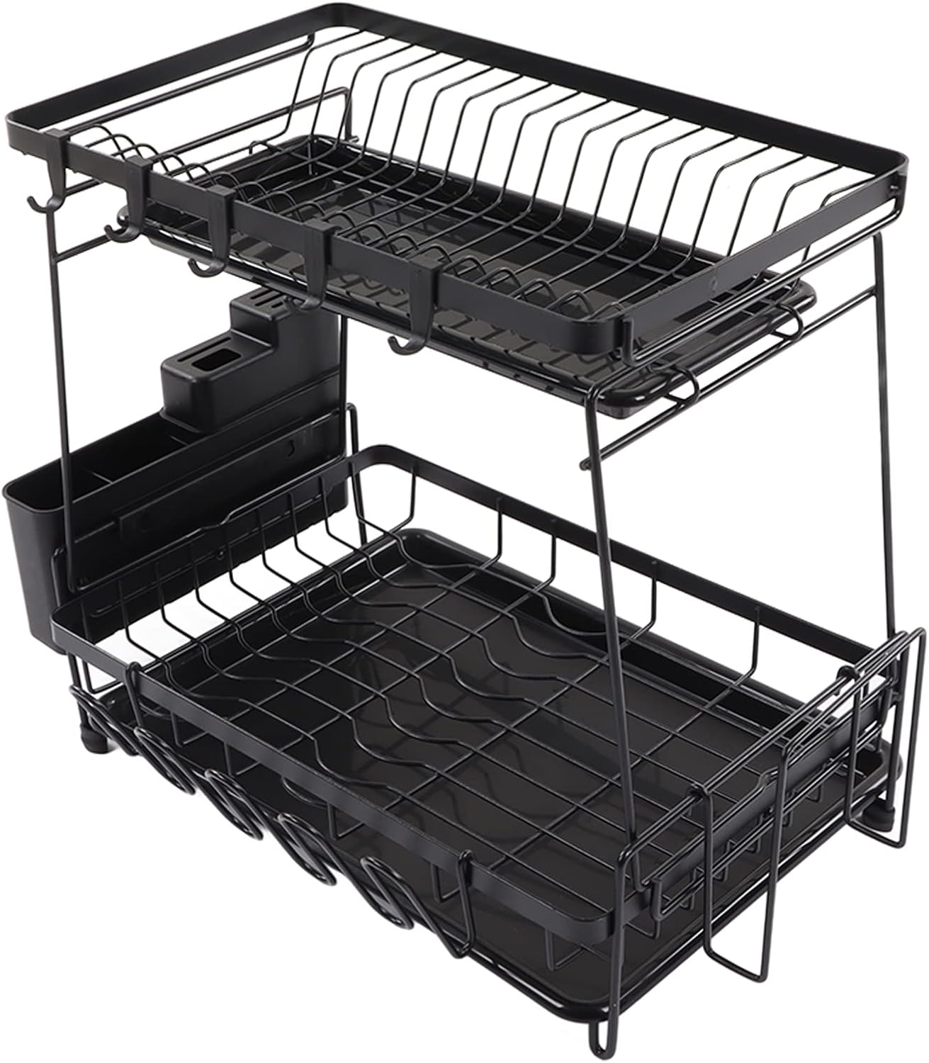 Escurridor de platos de 2 niveles con escurridor, acero al carbono a prueba de óxido, desmontable para organización de encimera de cocina y espacio