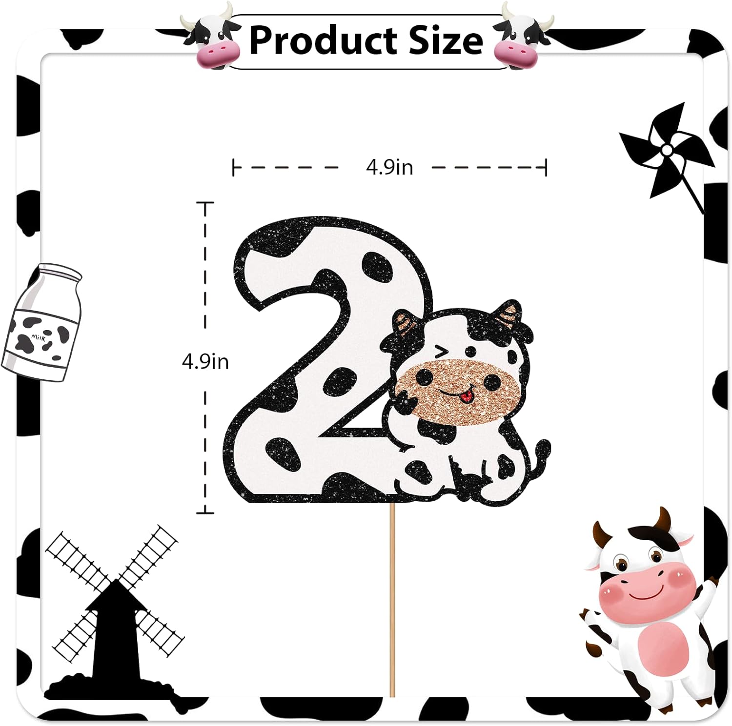 Decoración para pastel de 2 cumpleaños de vaca con purpurina blanca, decoración de pastel de vaca sagrada con texto en inglés “I’m Two” para niños y