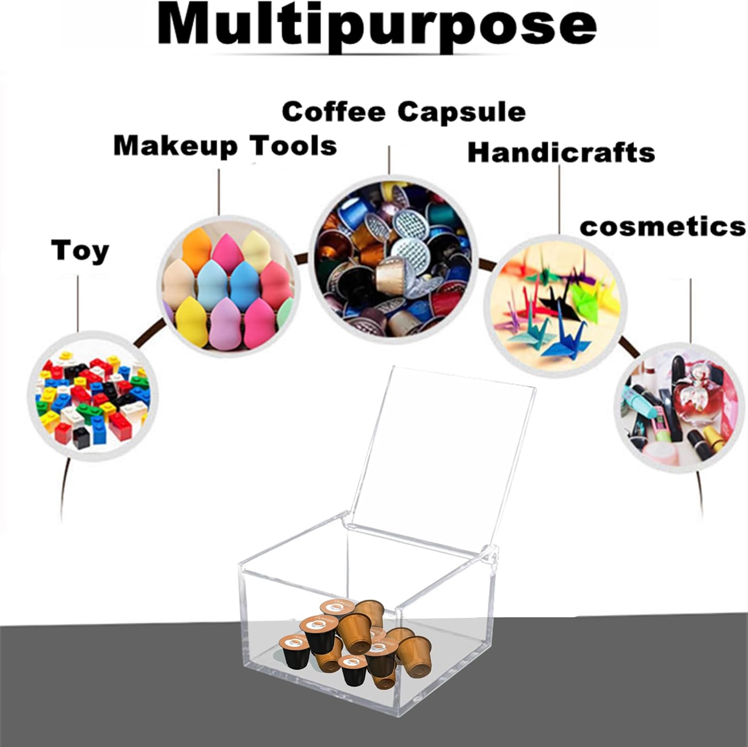 KissYou Caja de acrílico con tapa, caja de almacenamiento transparente, soporte para cápsulas de café, accesorios organizadores, antipolvo, caja