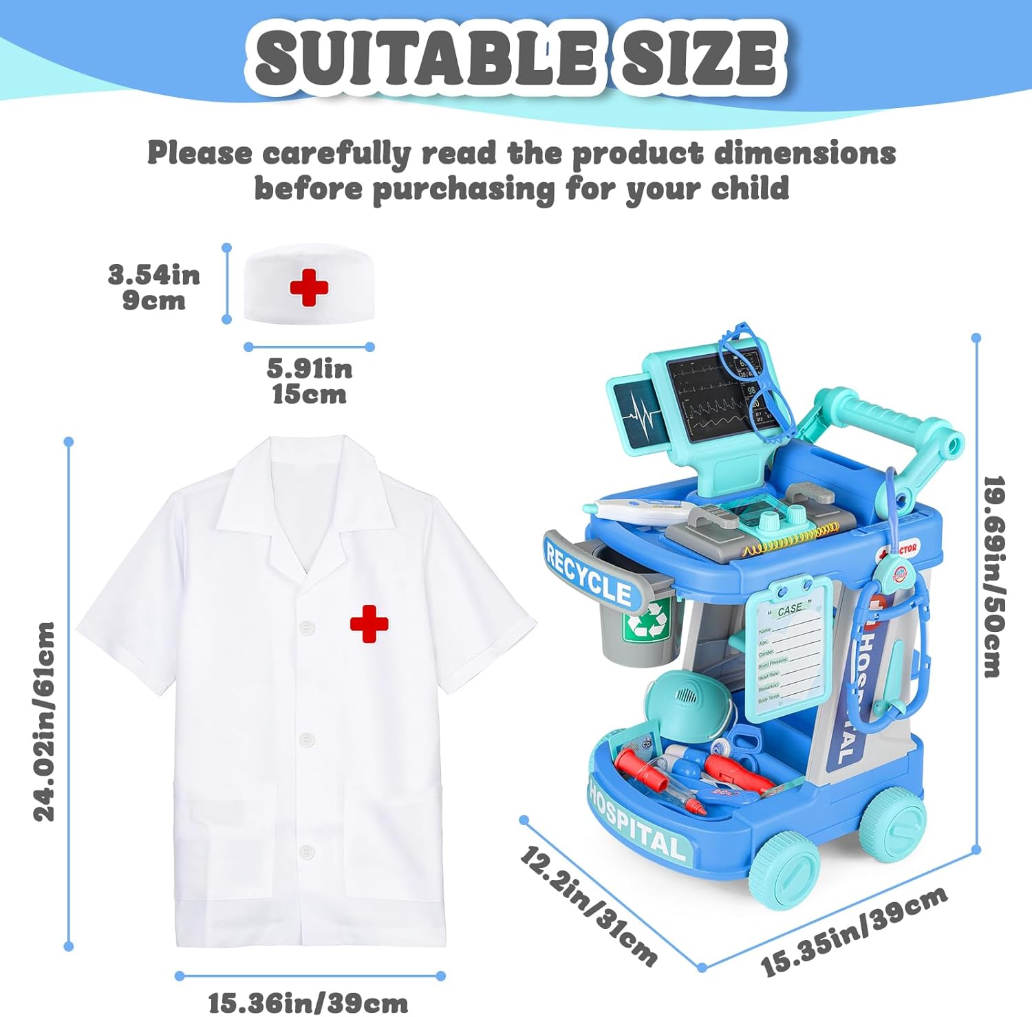 deAO Doctor Cart Kit for Kids Toy Pretend Playset with Doctor Costume Stethoscope and Medical Instruments Role Play Mobile Medical Station Set for