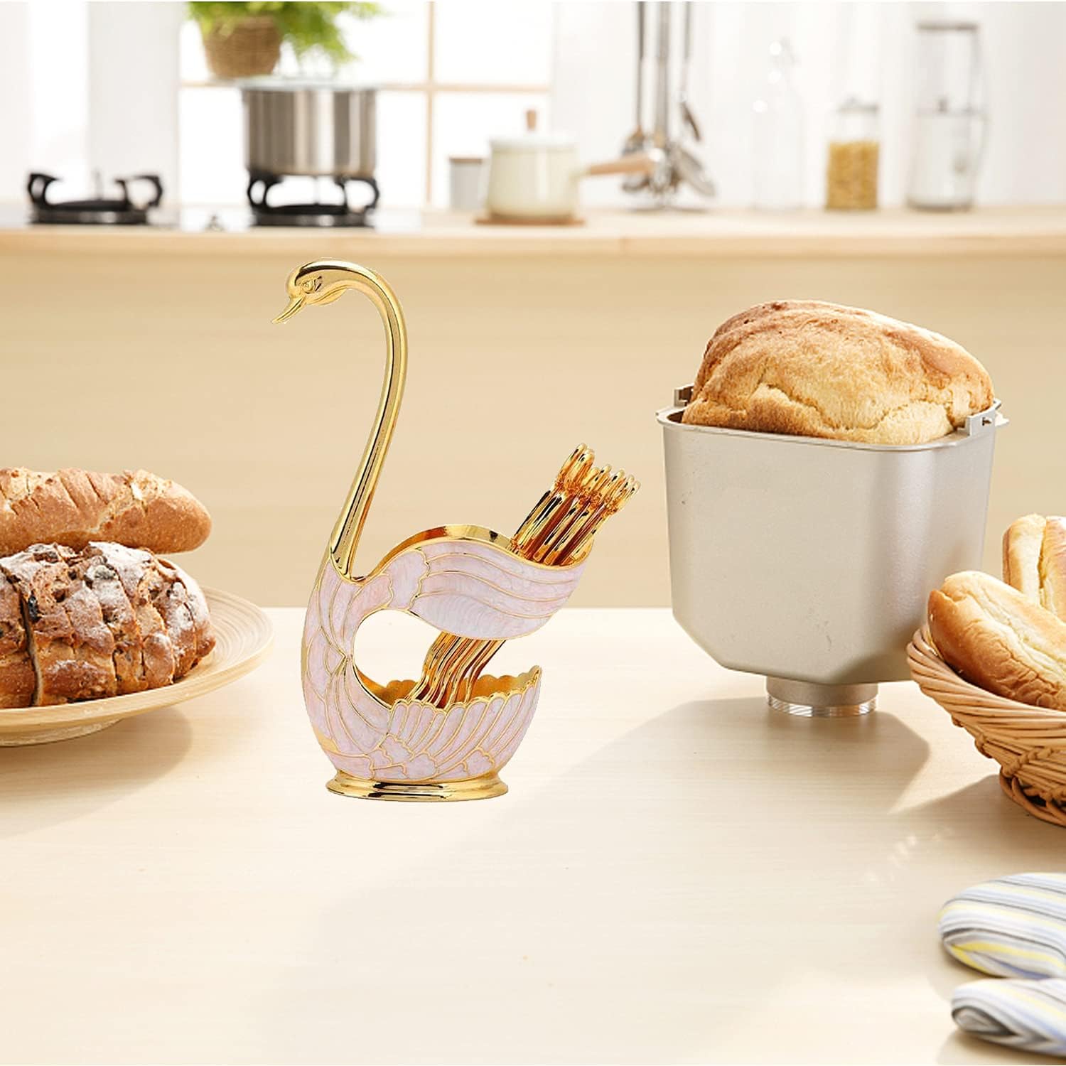 Juego de cucharas de postre de metal, soporte de base de cisne y organizador de cuchara de postre de frutas para café, fruta, postre, agitación,