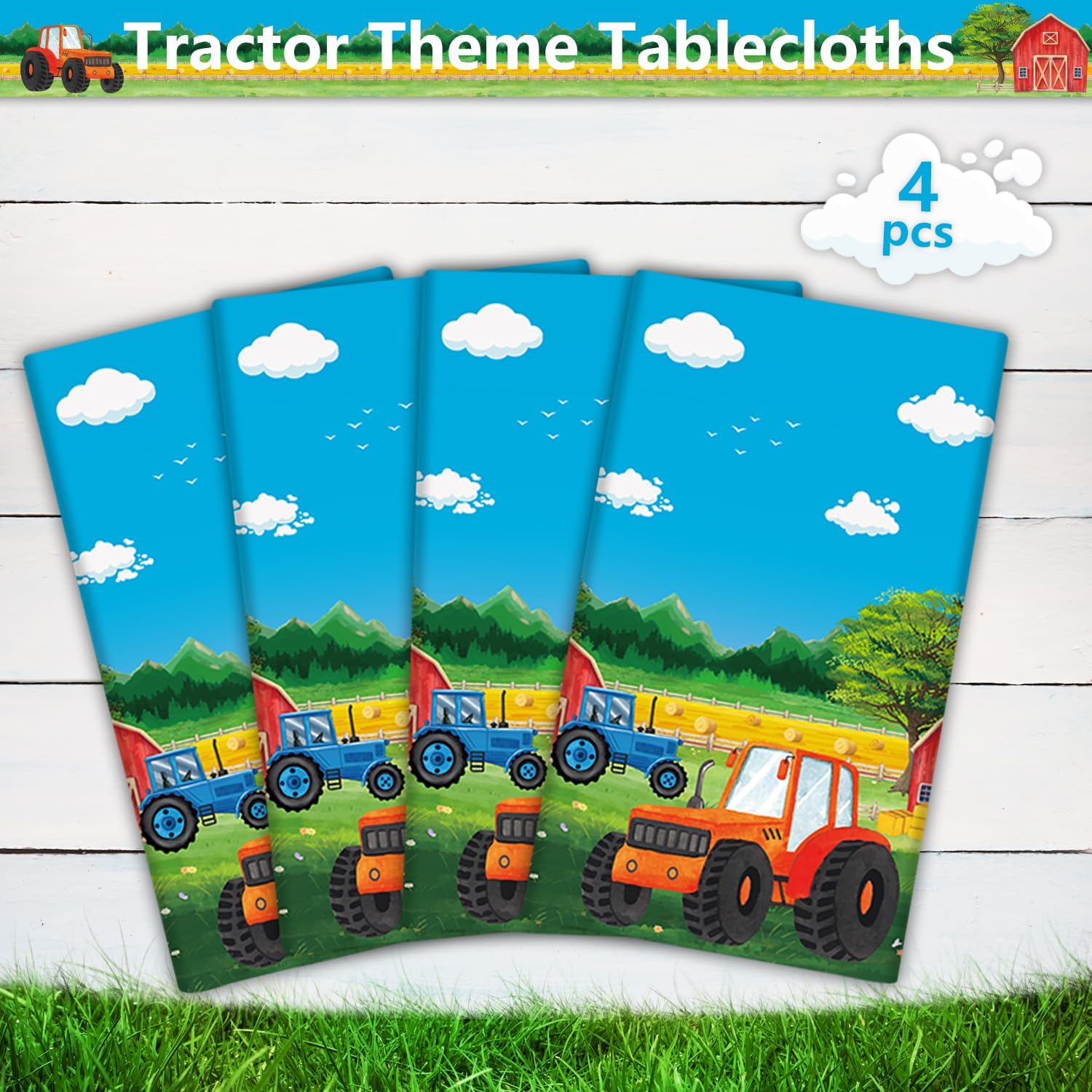 Paquete de 4 manteles de tractor, fundas de mesa para fiesta de tractor, mantel de granja, fiesta de granero, cubierta rectangular de plástico,