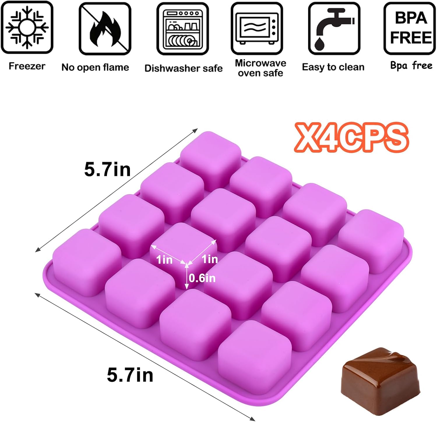 Vodolo Moldes cuadrados de silicona de caramelo de caramelo, 4 piezas de 16 cavidades de molde de trufas de chocolate para bombas de grasa,