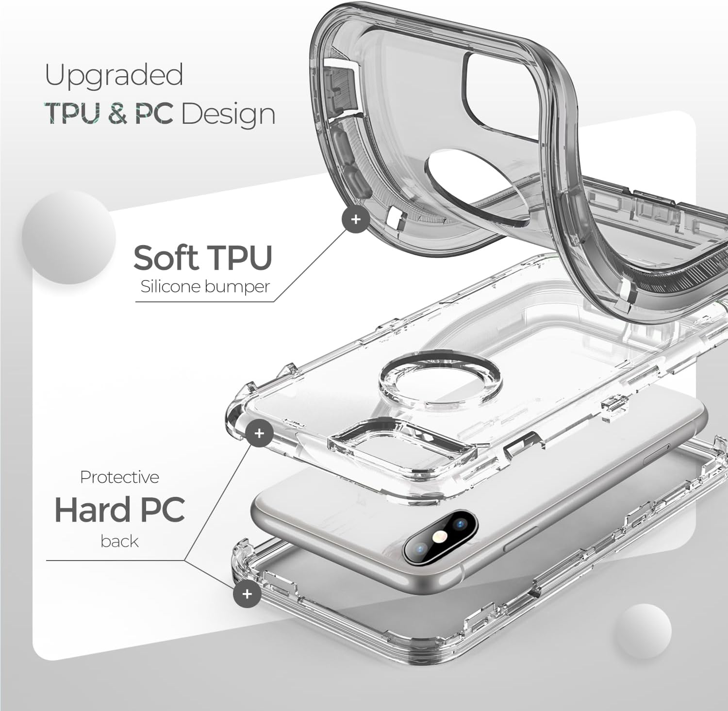 ORIbox Funda gris para iPhone Xs Max, protección contra caídas de grado militar de 10 pies, funda transparente resistente a prueba de golpes
