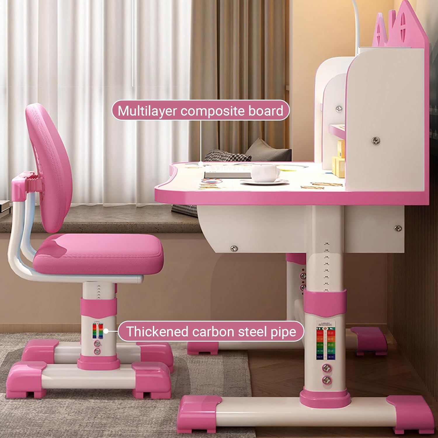 Small Desk, Standing Desk, Desk Chair Set, Widened Desktop Multi Separation Cartoon Pattern Desk Chair Set Kids Adjustable Height Study Table with