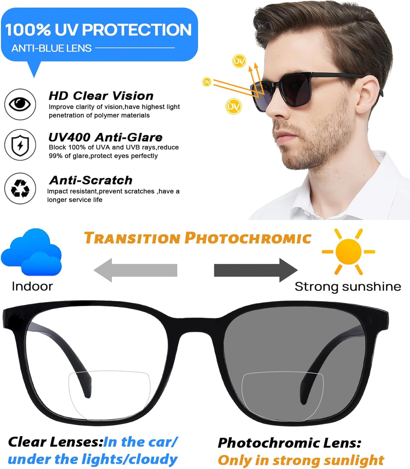 OCCI CHIARI Gafas de lectura bifocales fotocrómicas para hombres,Lectores de gafas de sol de protección UV de amplia transición