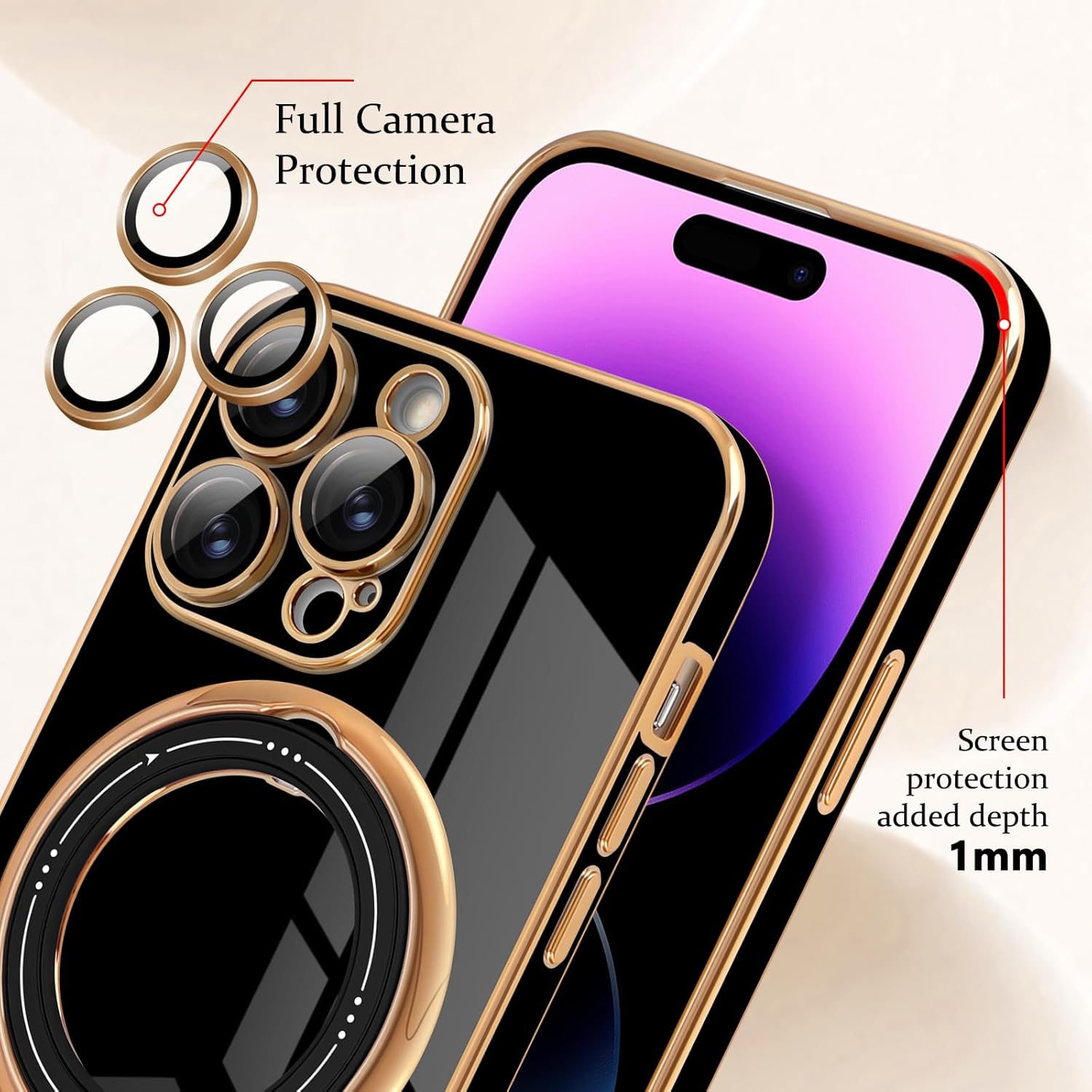 Newseego Funda para iPhone 14 Pro Max, funda de lujo con borde chapado con soporte magnético giratorio de 360 invisible para mujeres, niñas y