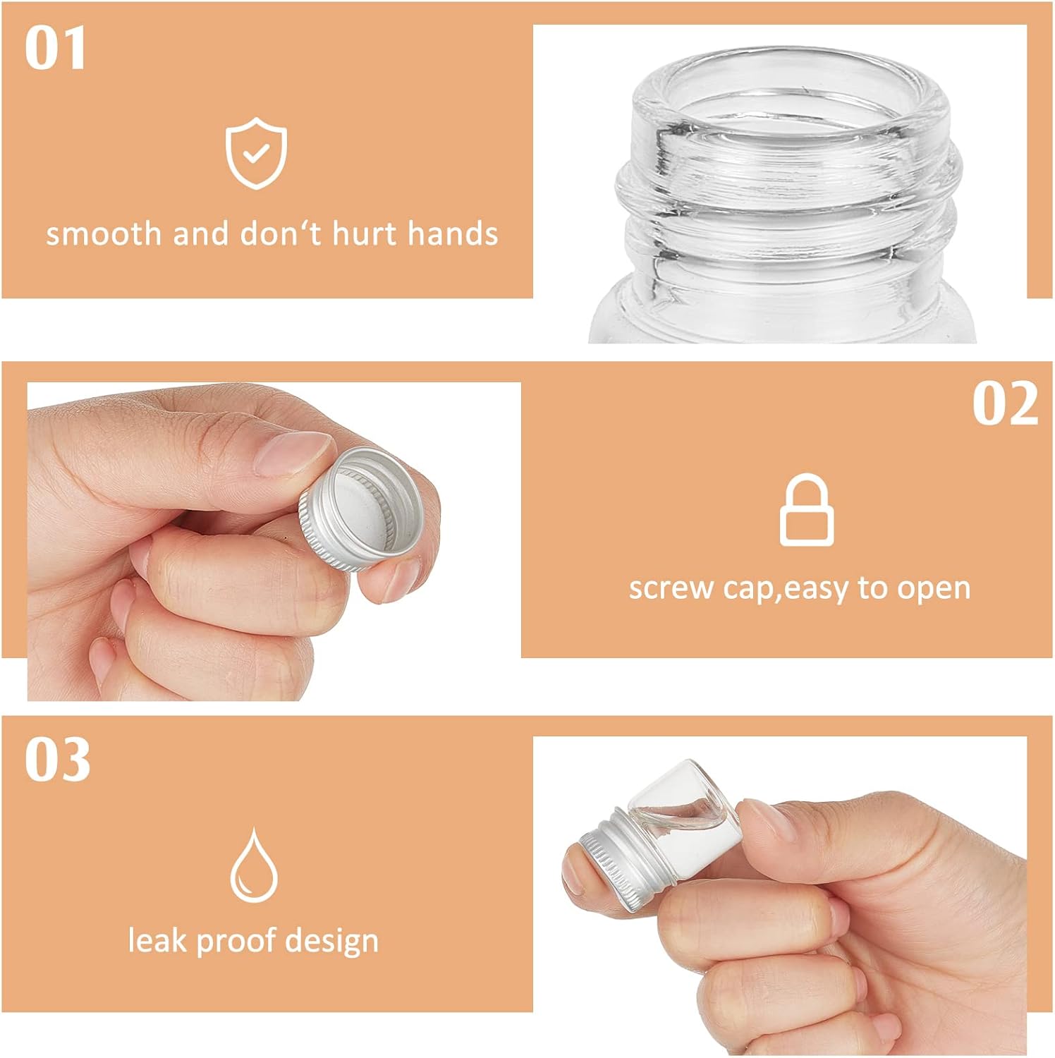 Tessco 100 mini botellas de vidrio de 0.2 onzas líquidas con tapas de rosca, frascos pequeños de vidrio vacíos con tapas de aluminio, recipiente