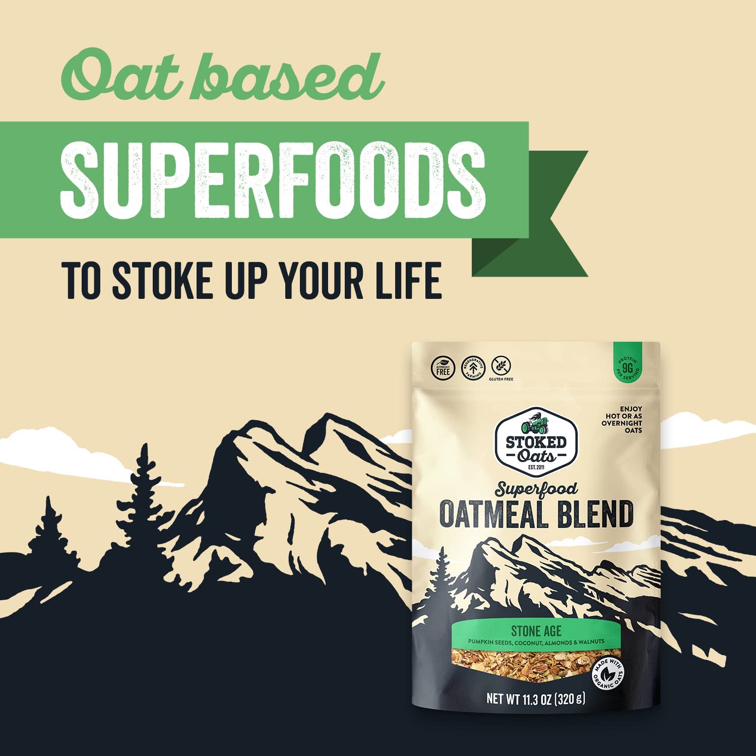 Stoked Oats – Stone Age – Desayuno alto en proteínas, bajo en azúcar – Sin gluten, alta fibra, avena sin OMG – Perfecto para avena durante la noche