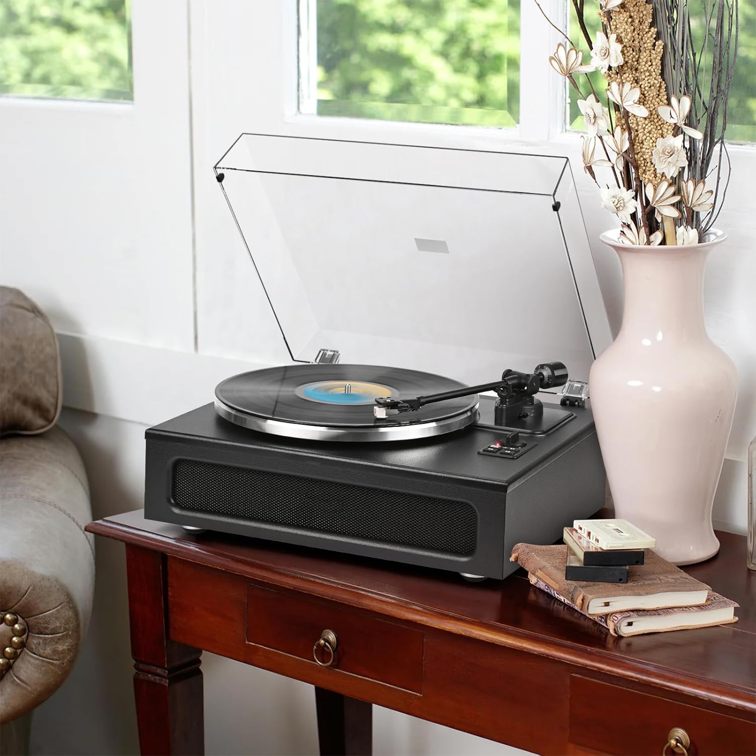 Tocadiscos todo en uno de alta fidelidad con transmisión por correa para discos de vinilo incorporados, 2 altavoces estéreo de agudos y 2 bajos,
