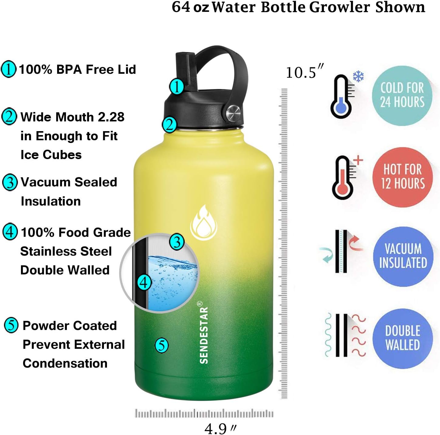 SENDESTAR – Botella de agua de acero inoxidable, botella de agua grande aislada de 1,9 L, doble pared aislada al vacío, a prueba de fugas, botella