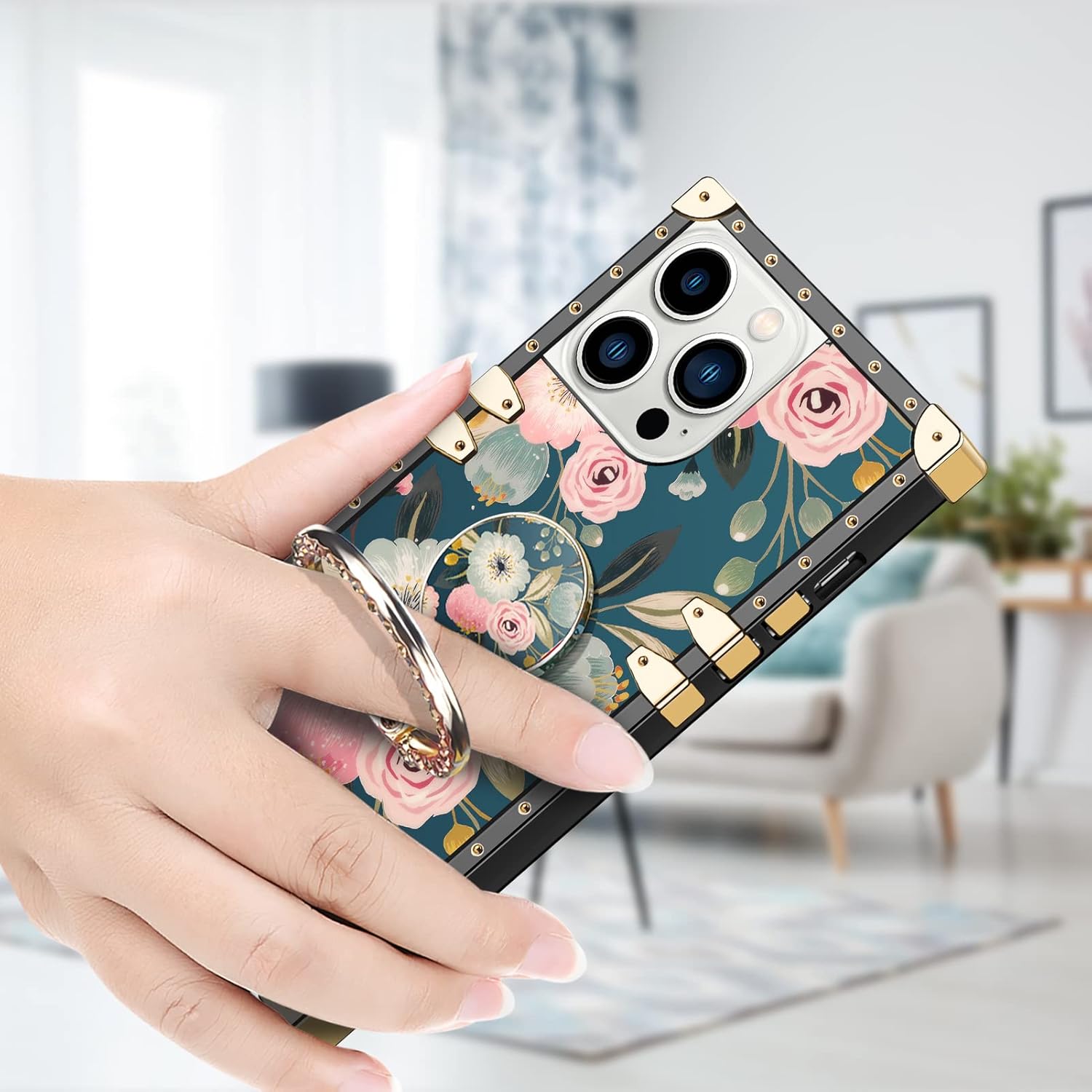 WOLLONY Funda cuadrada compatible con iPhone 15 Pro Max con anillo de soporte, para mujeres y niñas, TPU suave, a prueba de golpes, de silicona