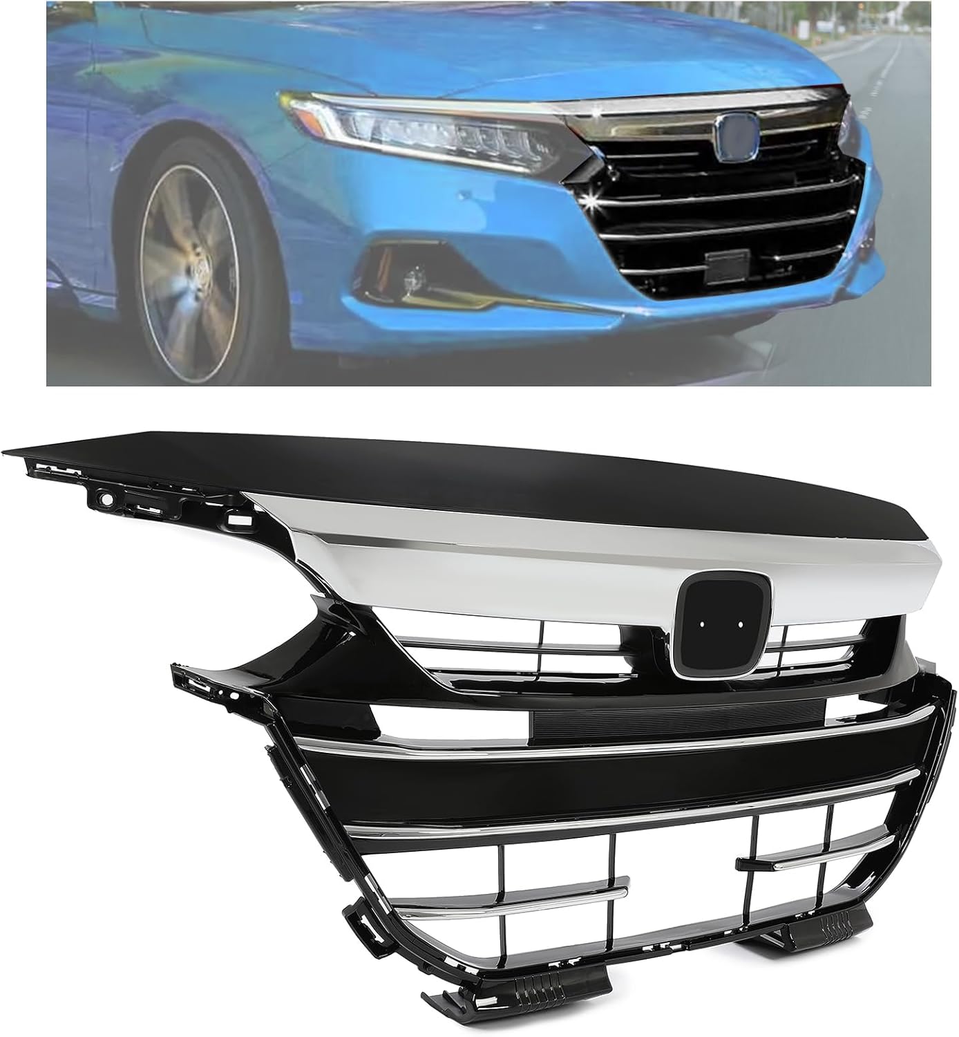 KUAFU Rejilla superior+borde de rejilla+cubierta de rejilla superior+parrilla inferior compatible con Honda Accord 2021-2023 cromado+Parrilla de