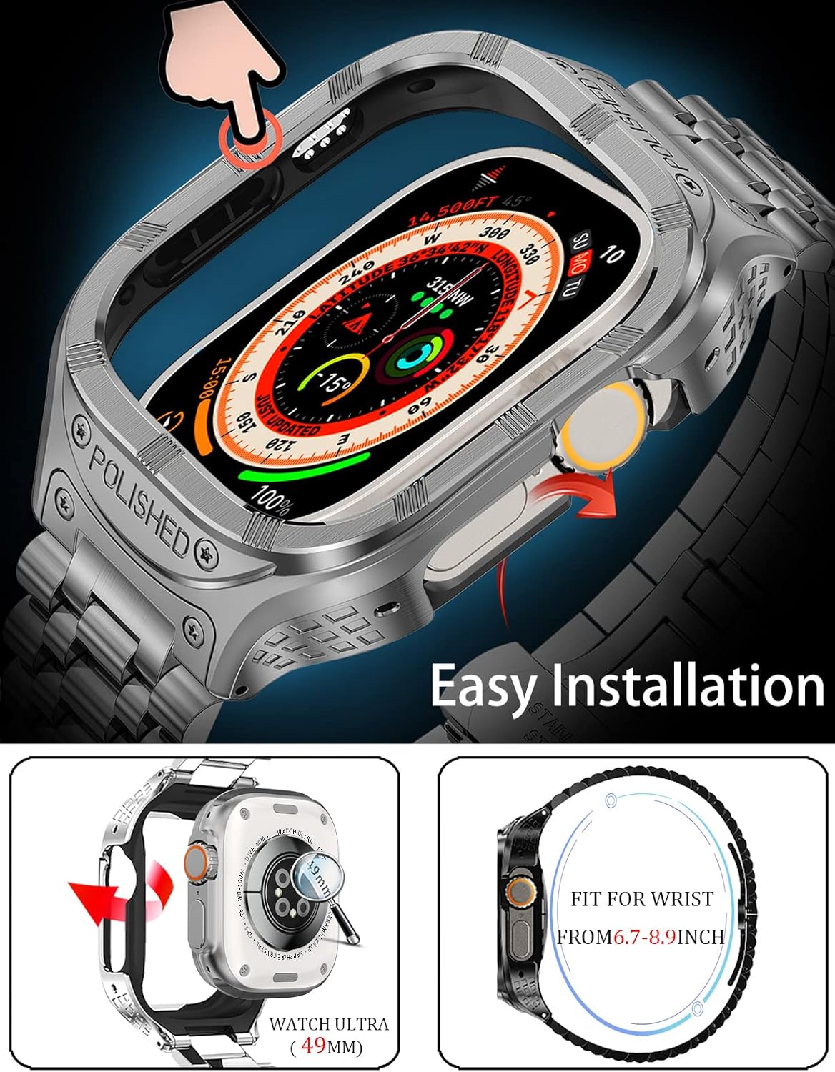 Stainless Steel CaseBand Compatiable for Apple Watch Band 49mm 45mm 44mm 42mm-Rugged Metal iWatch Case and Strap for Men iWatch Band Series
