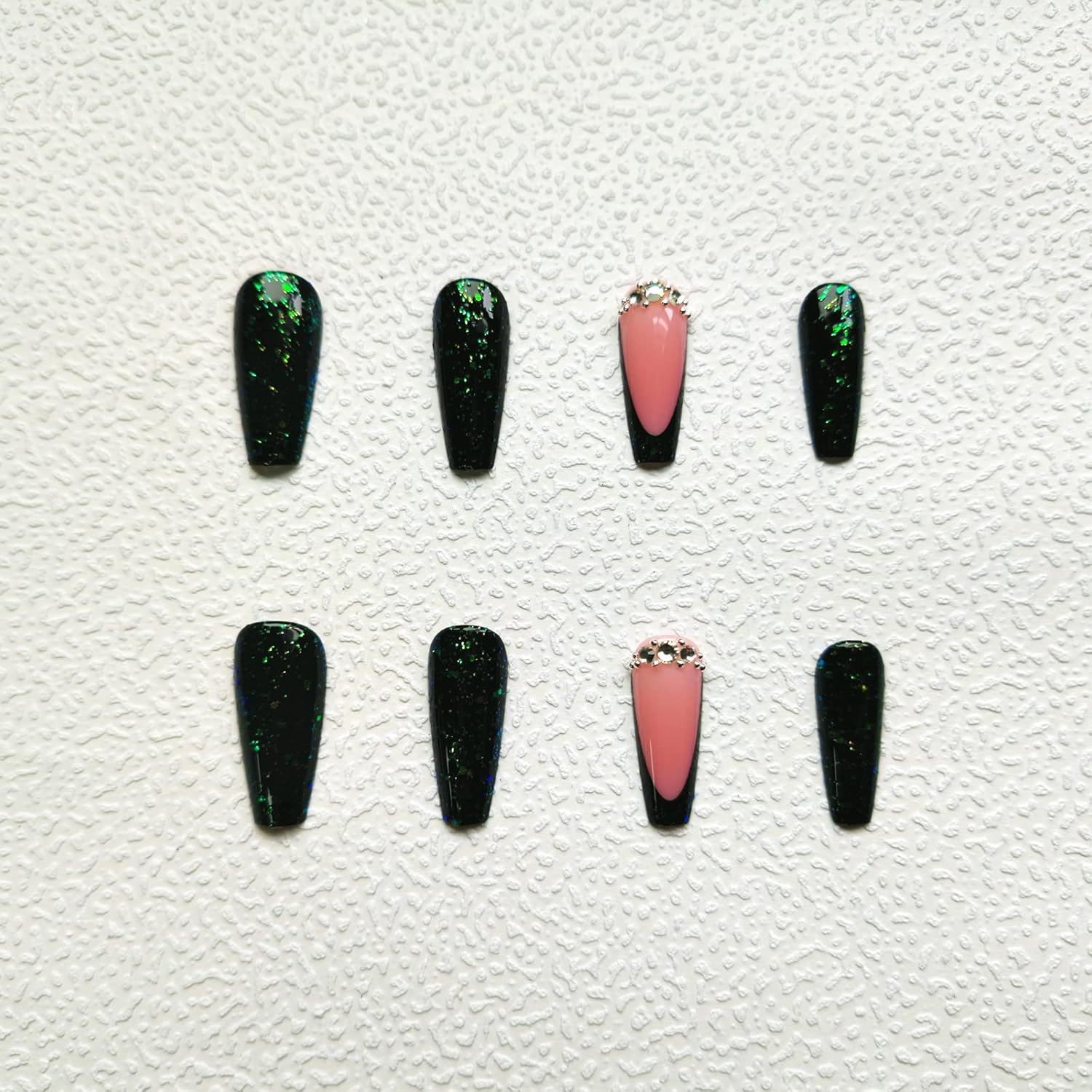 Uñas postizas a presión con forma de ataúd, uñas postizas con punta francesa, uñas postizas de cobertura completa con diseño de purpurina y