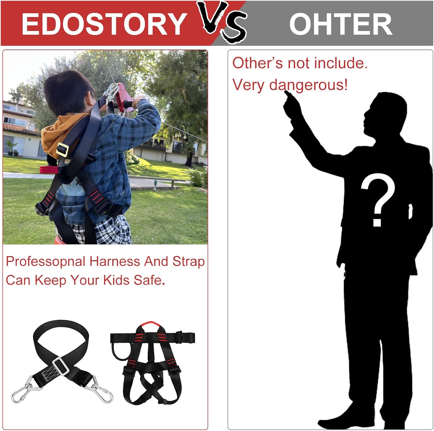 EDOSTORY Kit de tirolesa para patio trasero de 120 pies para niños y adultos, al aire libre, cremallera de hasta 330 libras con freno de resorte y
