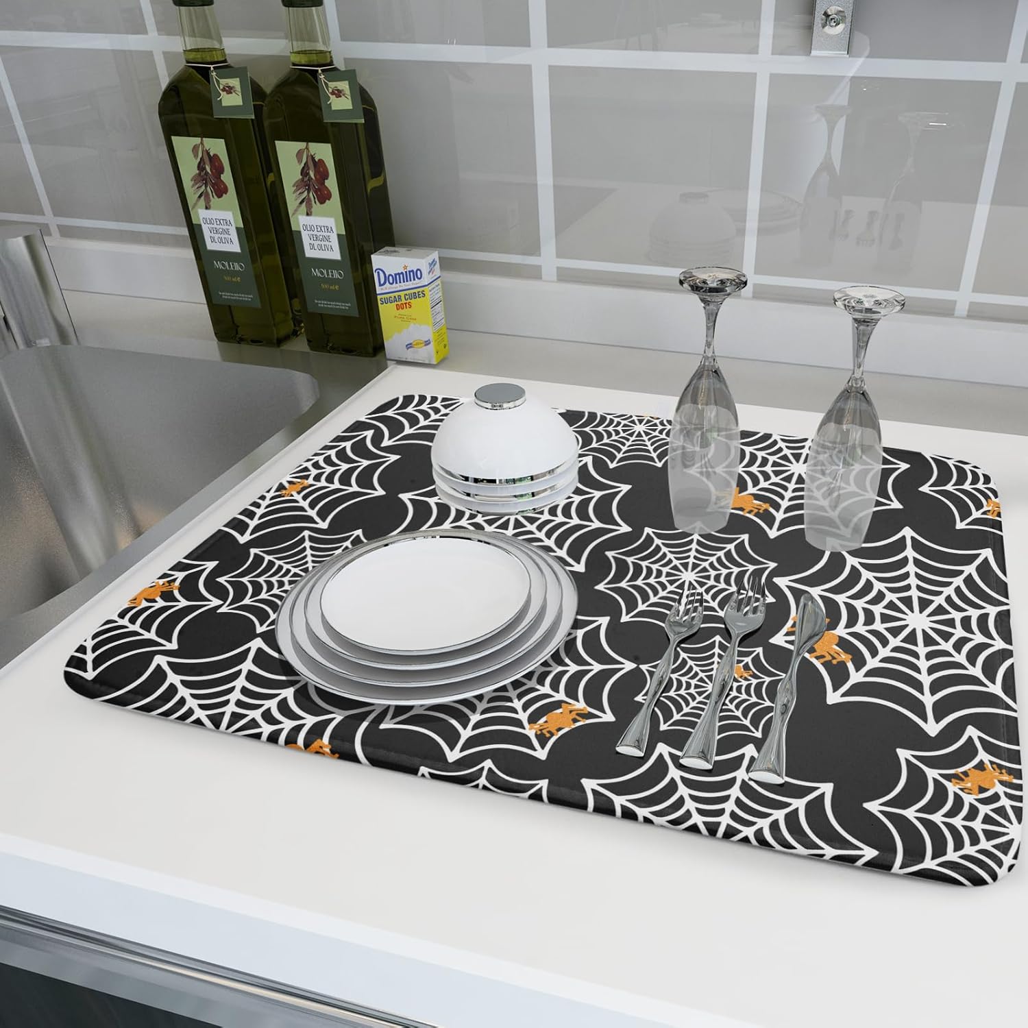Tapete de secado de Halloween para encimera de cocina, de 18 x 24 pulgadas, tapete de secado de microfibra grande de telaraña espeluznante de