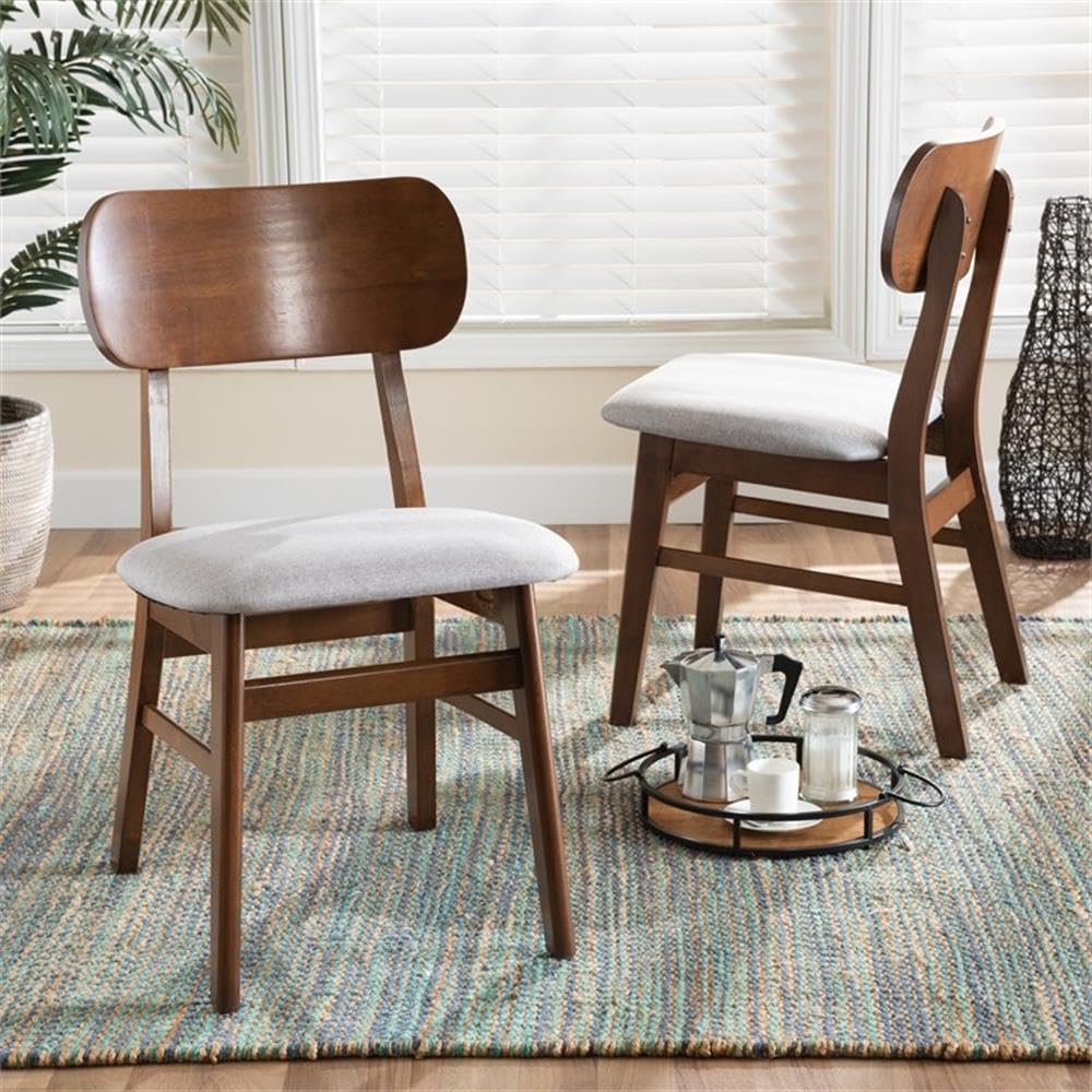 Baxton Studio Euclid Mid-Century – Juego de sillas de comedor de 2 piezas con tapizado de tela gris y acabado marrón nogal