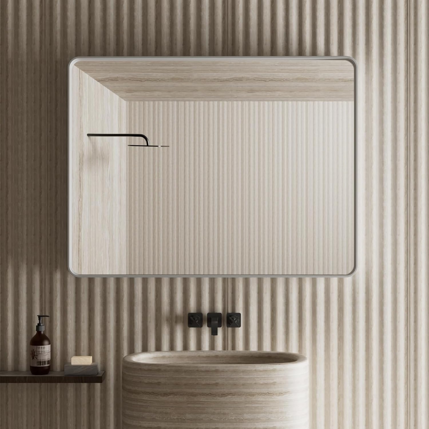 Espejo de baño de plata cepillada para pared, espejo rectangular de metal con marco de metal de 24 x 36 pulgadas, espejo de tocador moderno montado