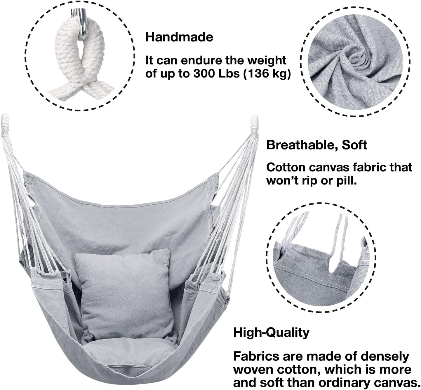 Silla hamaca colgante con cuerda, máximo 300 libras silla colgante con bolsillo, tejido de algodón de calidad para mayor comodidad y durabilidad,