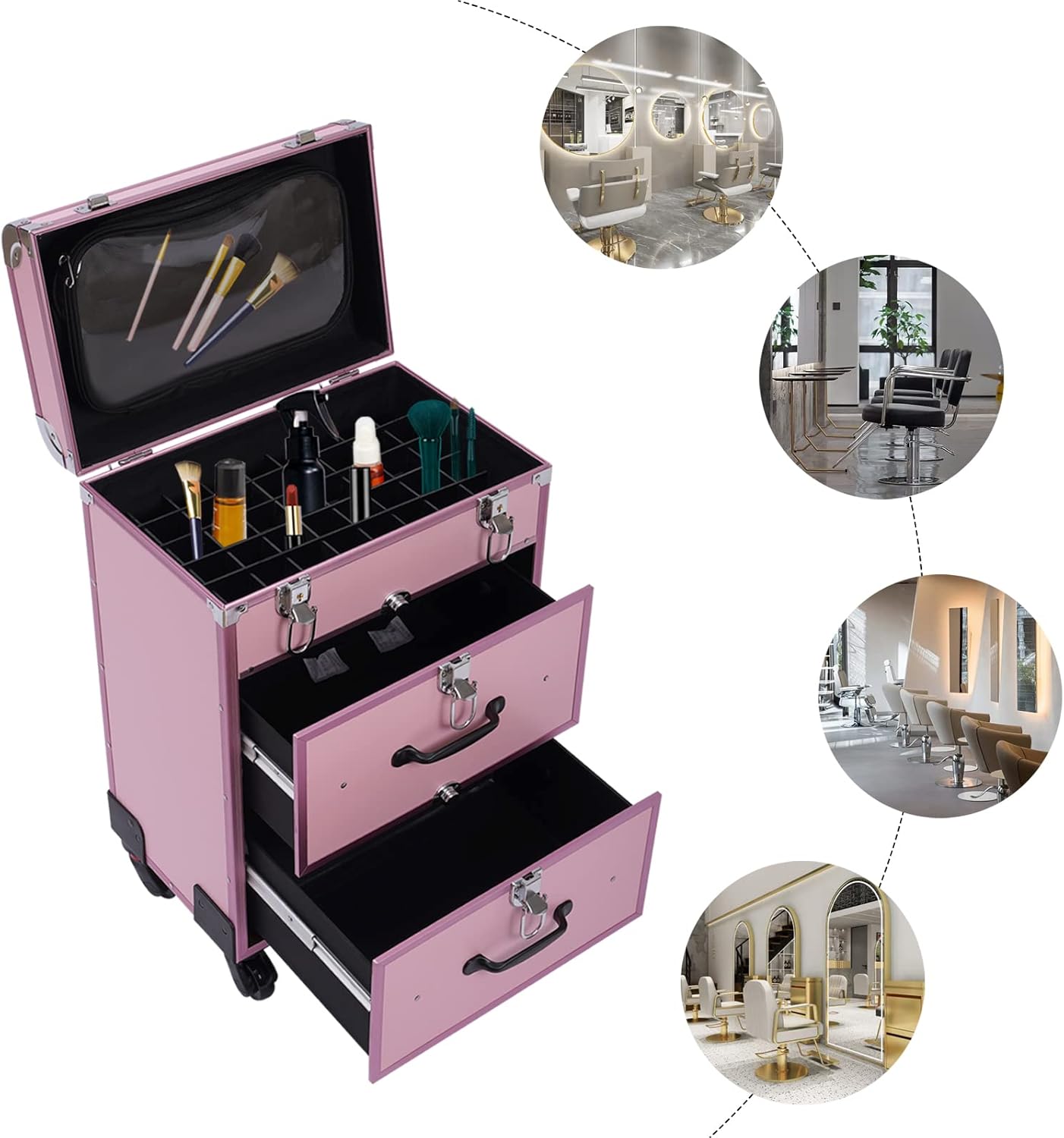 HYYKJ-US Estuche de tren de maquillaje profesional de aluminio grande con ruedas y llaves, organizador multifuncional de almacenamiento de