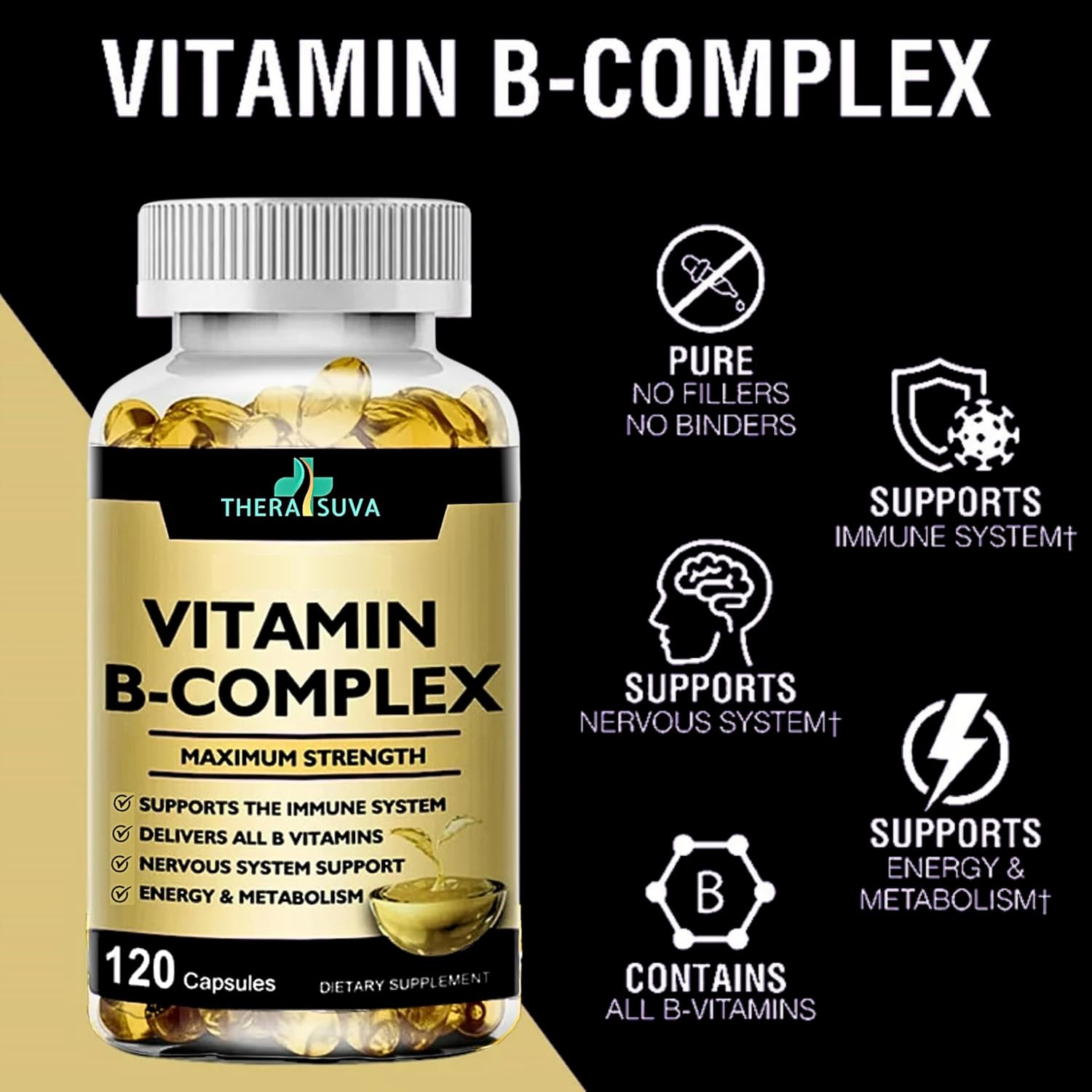 Thera SUVA Max Strength Vitamina B Complex + CoQ10 + Vitamina C – Suplemento para energía, apoyo al metabolismo, 120 cápsulas blandas, suministro