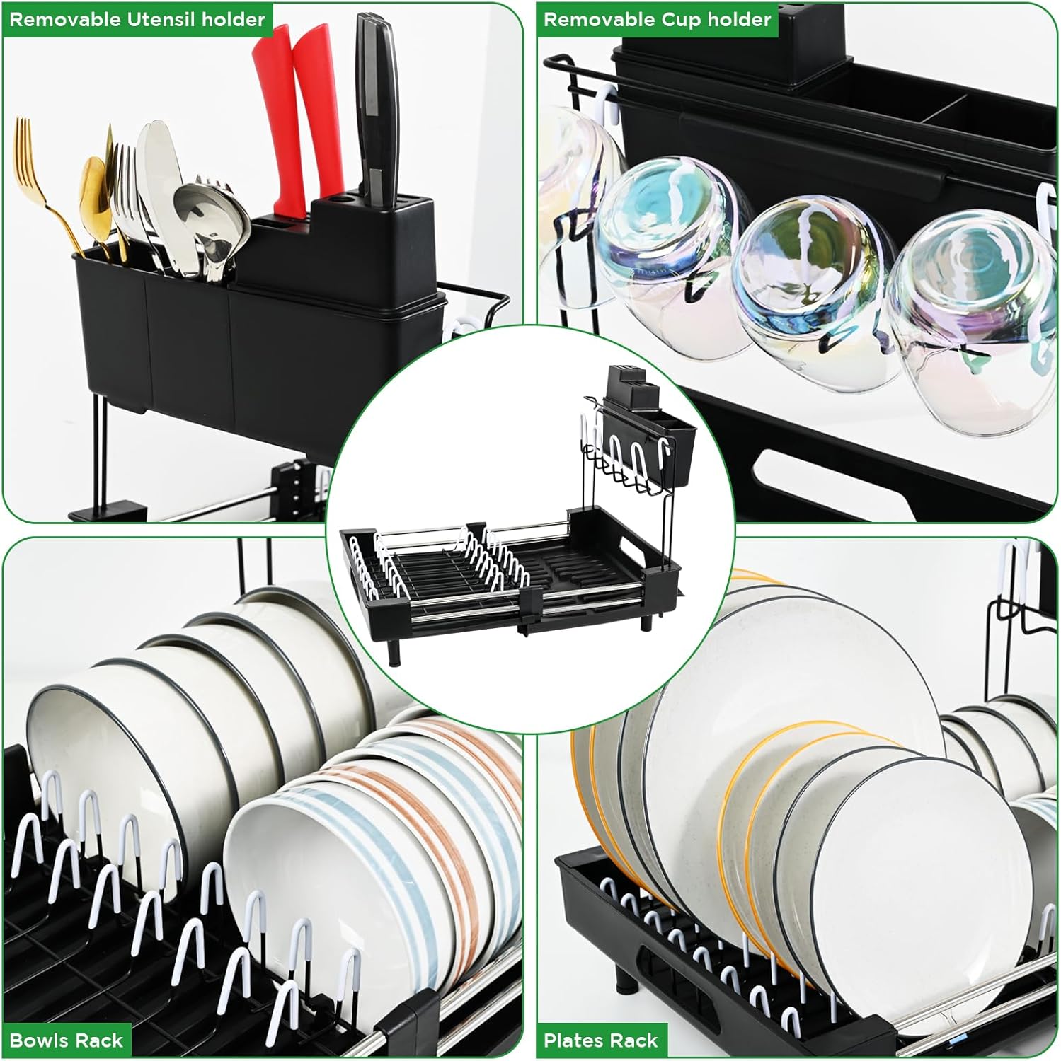 Ollieroo Escurridor de platos, resistente al óxido para encimera de cocina con soporte extraíble para utensilios, ranuras para cuchillos y soporte