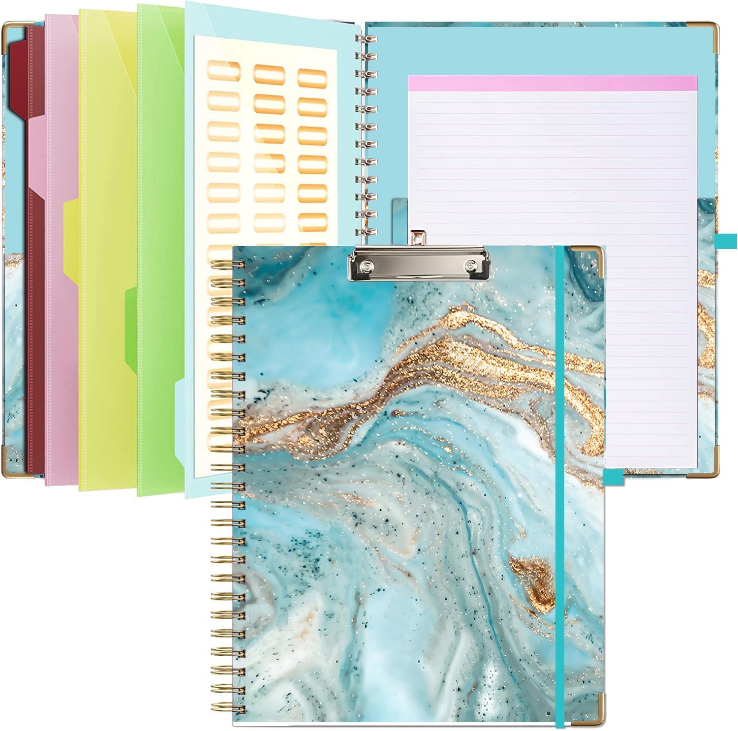 Hiyong Folio portapapeles con bloc de notas recargable, lindo portapapeles 5 divisores con 10 bolsillos, carpeta portapapeles en espiral con lazo