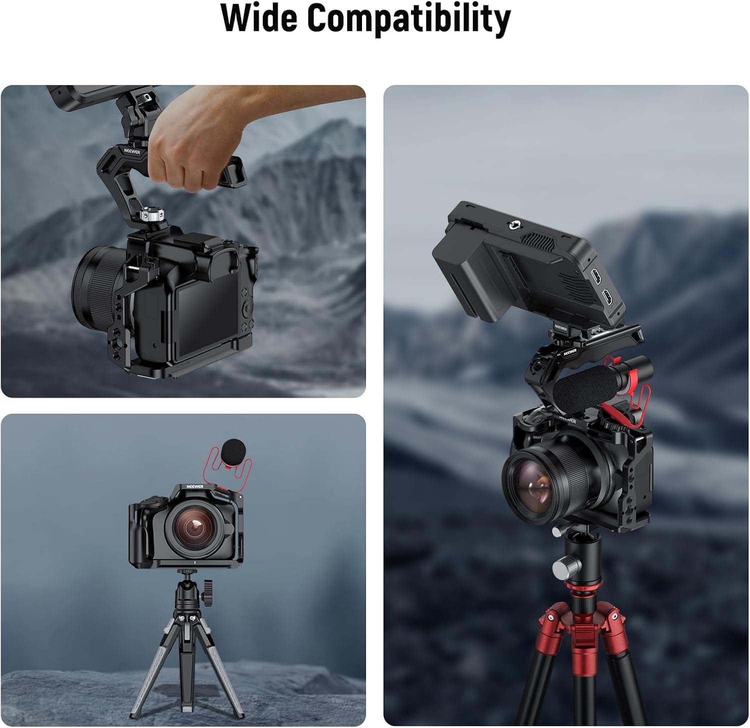 NEEWER Jaula para cámara R50 compatible con Canon EOS R50, plataforma de video de aluminio con riel OTAN, roscas de 14″, agujeros ARRI de 38″,