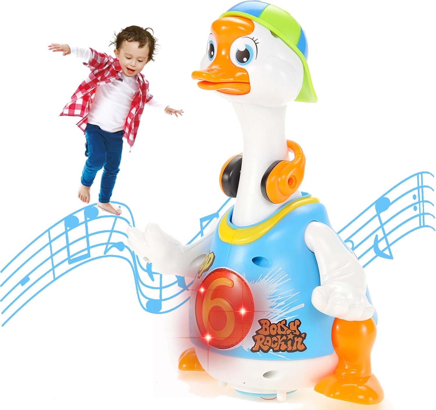 PowerTRC Ganso de hip hop para bailar, cantar y hablar musical para niños, luces intermitentes, juguete interactivo, amigo electrónico, azul
