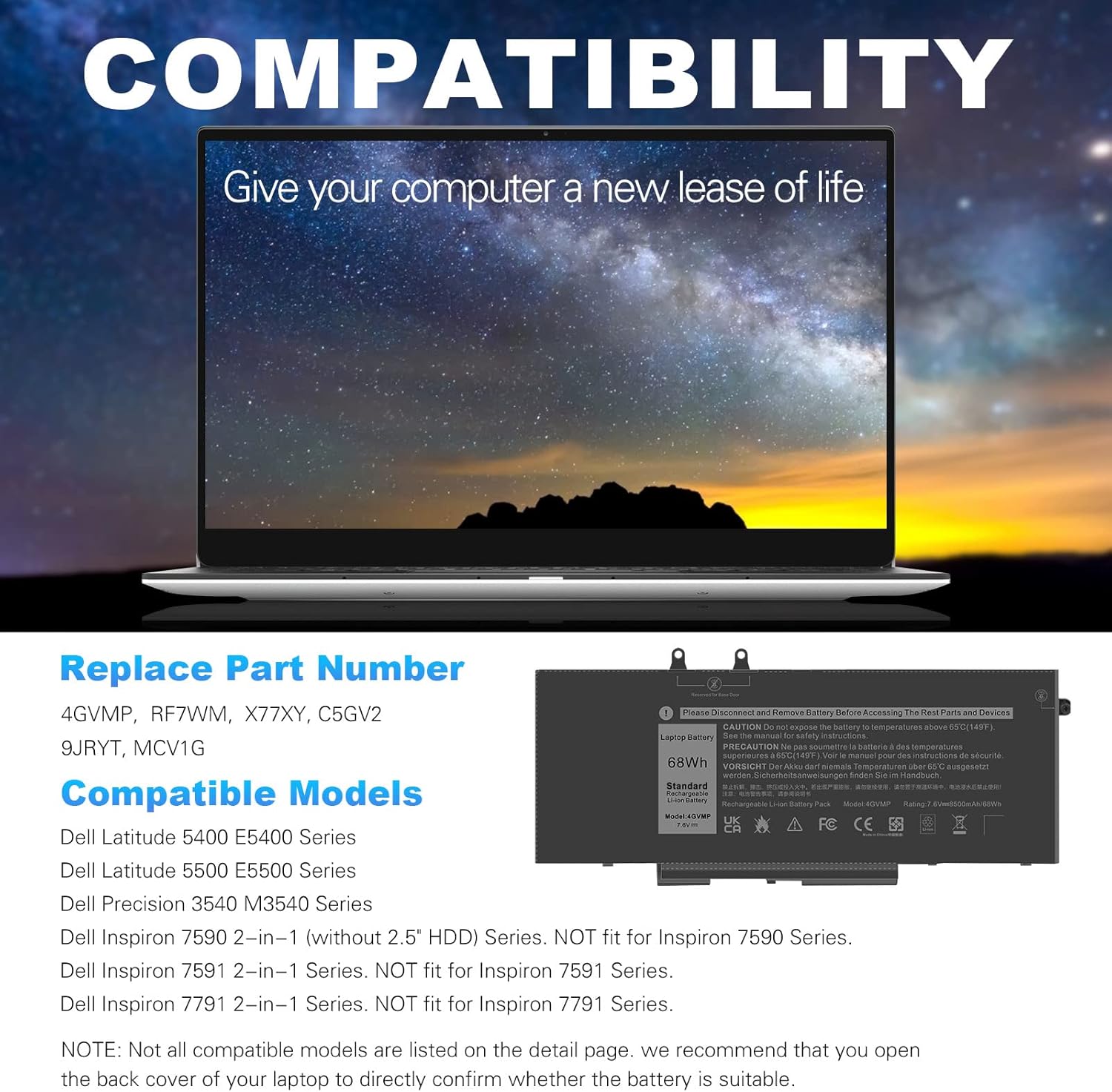 4GVMP – Batería para laptop Dell Latitude 5400 5410 5500 5510 Precision 3540 3550 759075917791 2 en 1, PN X77XY 1V1XF R8D7N RF7WM 9JRYT C5GV22 P84F